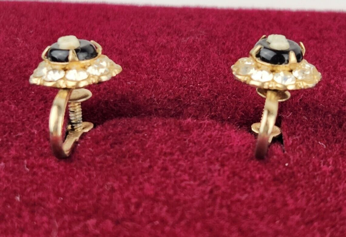 Coro Cameo Earrings Ivory/Black Gold Tone Rhinestones Screw Back Vintage Signed