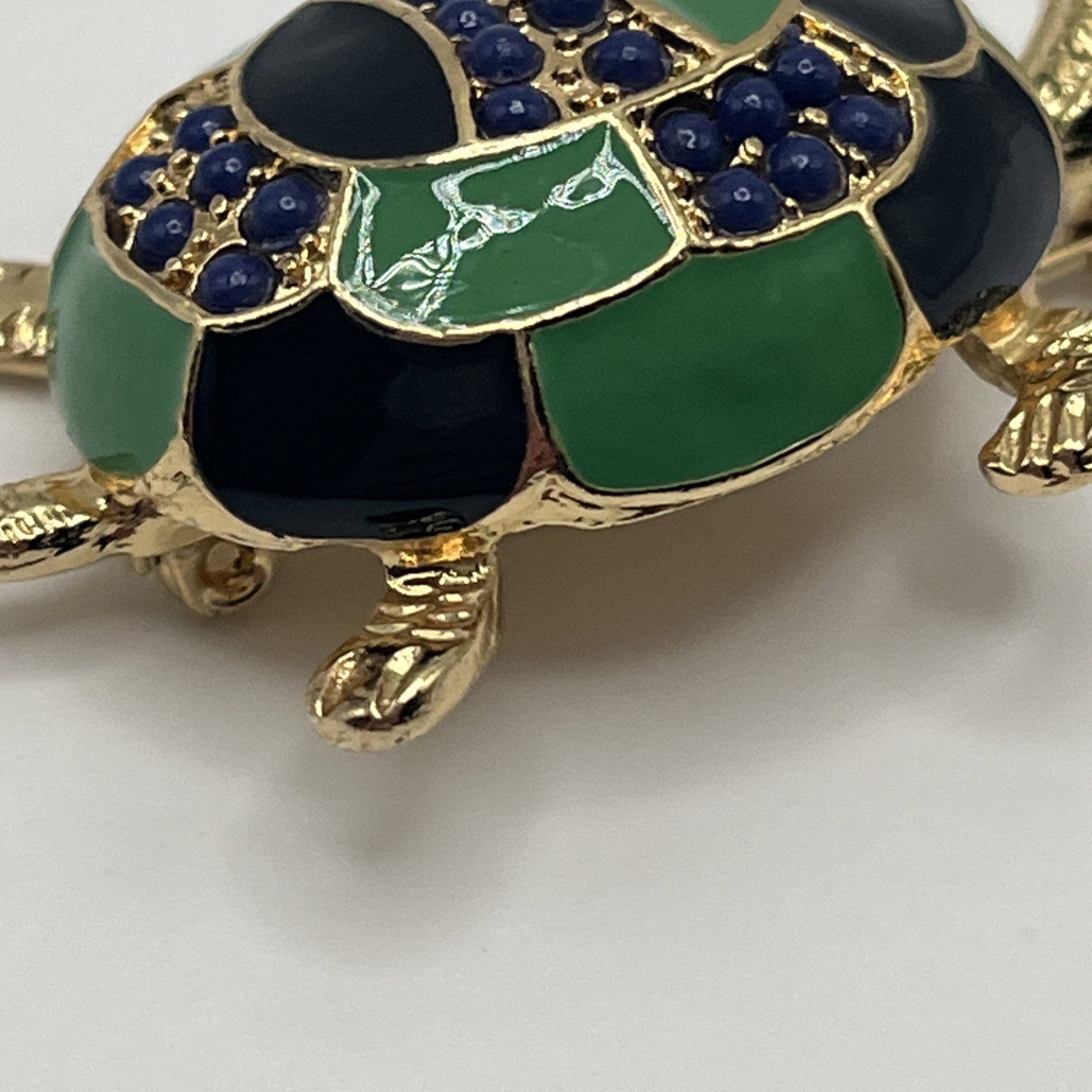 Vintage Enamel Turtle Brooch Gold Tone Green Blue Statement Piece Pin