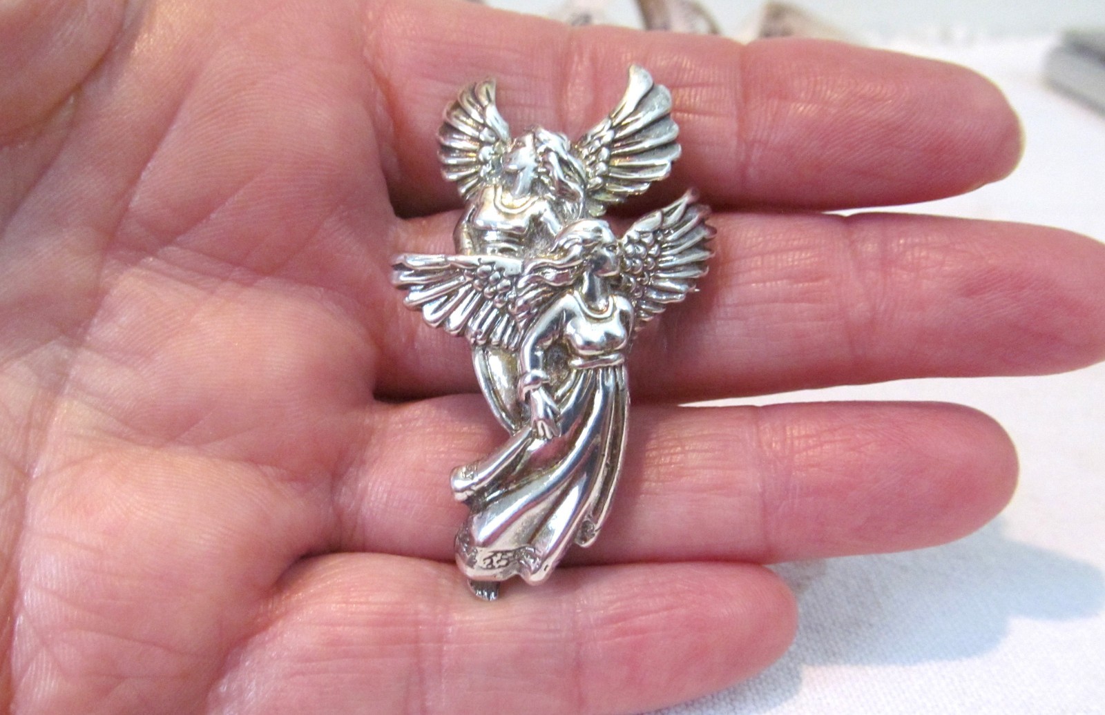 Vintage Shube Dimensional Angels Solid Sterling Silver Pendant Pin Brooch 2″long