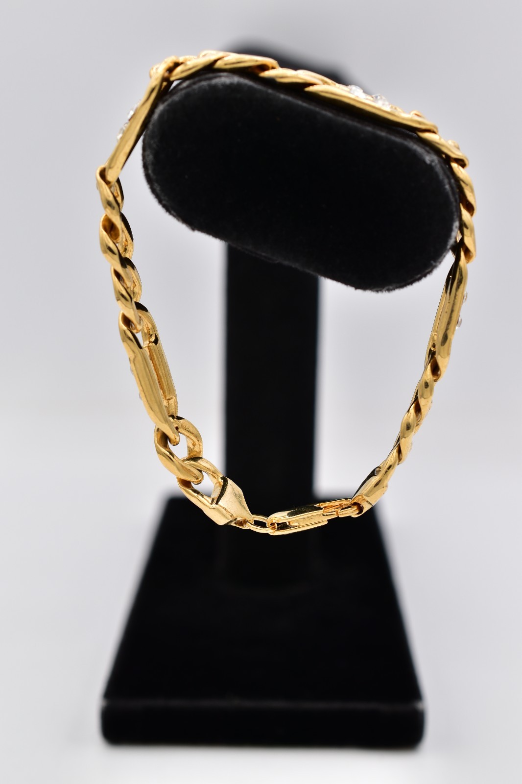 Vintage 8.5″ Gold Cuban Link Bracelet Rhinestone Crystal Figaro Chain Y2K BinAD
