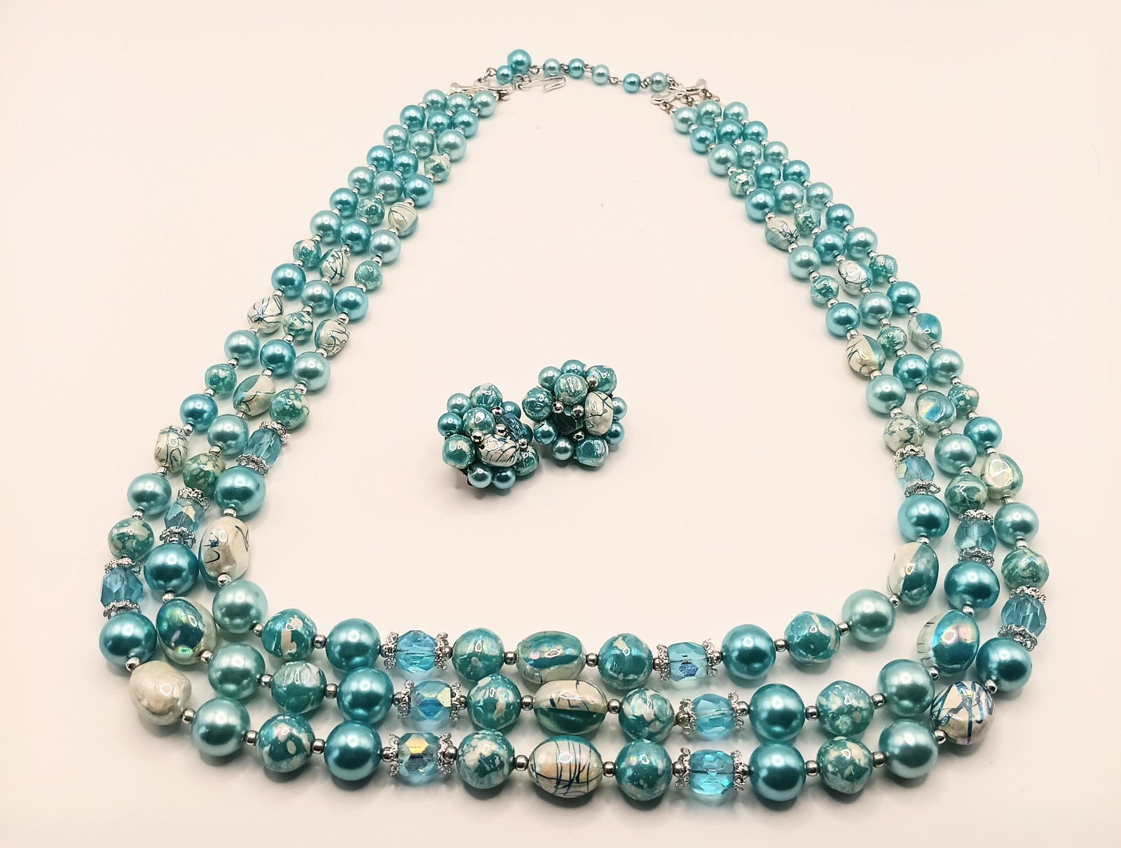 VTG Blue/AB Bead Demi Parure 3 Strand Stamped Japan Necklace And Clipon Earrings