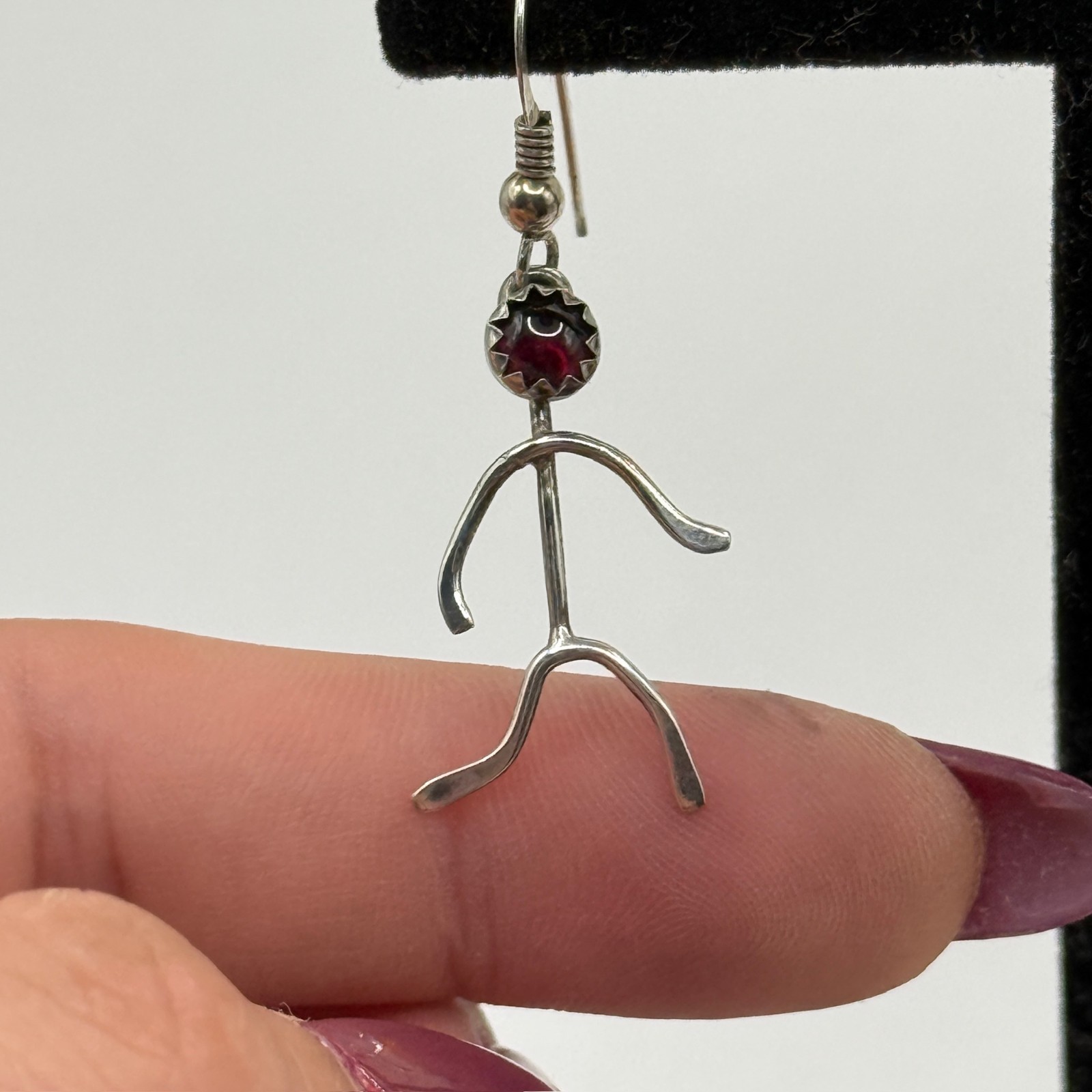 Vintage Artisan Sterling Silver Stick Figure Dangle Earrings Gemstone Heads Cool