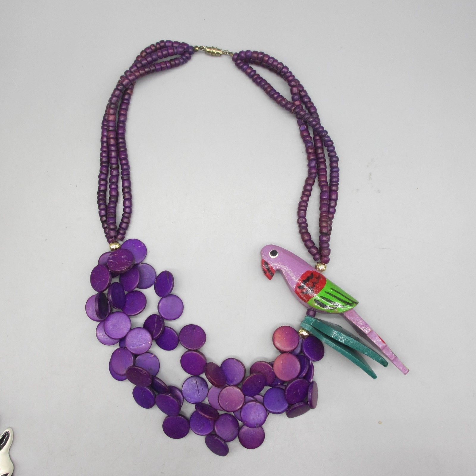 Vintage Parrot Necklace Wood Purple Discs Layered Bead Tropical Beachy 22 Inch