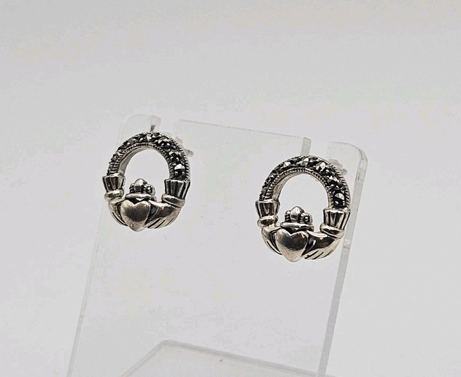 AC Irish Sterling Silver Vintage Marcasite Claddagh Post Back Earrings .5″