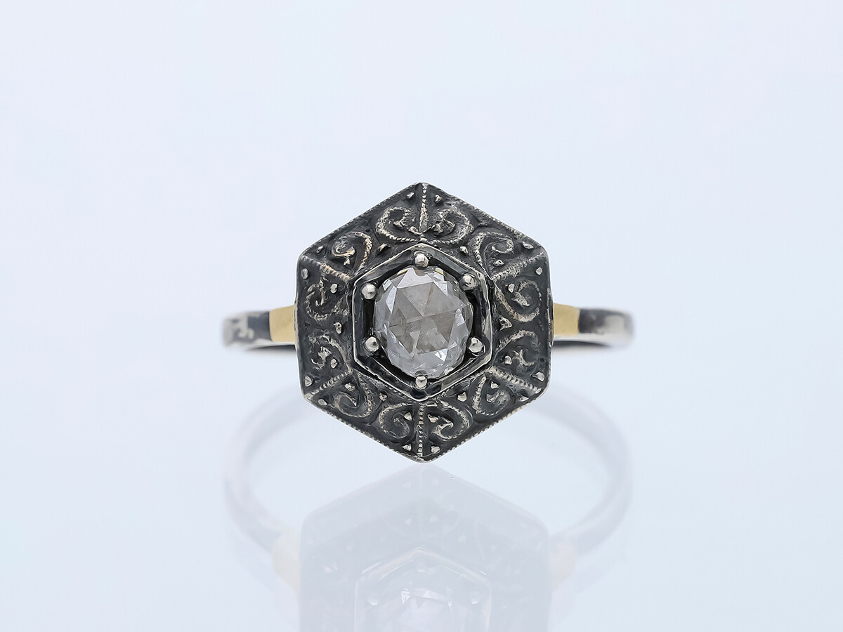 Antique Ring 0.35ct. Solitaire Diamond 585 Yellow Gold 925 Silver Deta Jewelry