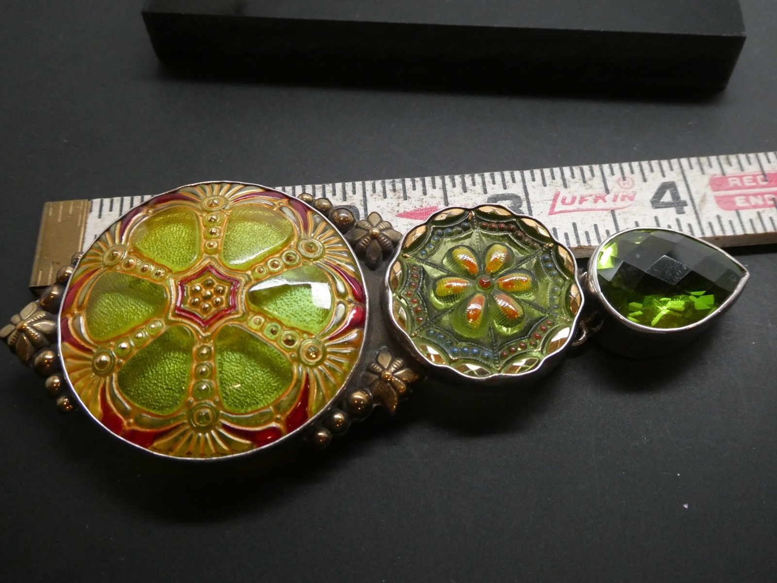 Vintage AKR Amy Kahn Russel Peridot & Antique Glass Sterling 925 Pendant 4″
