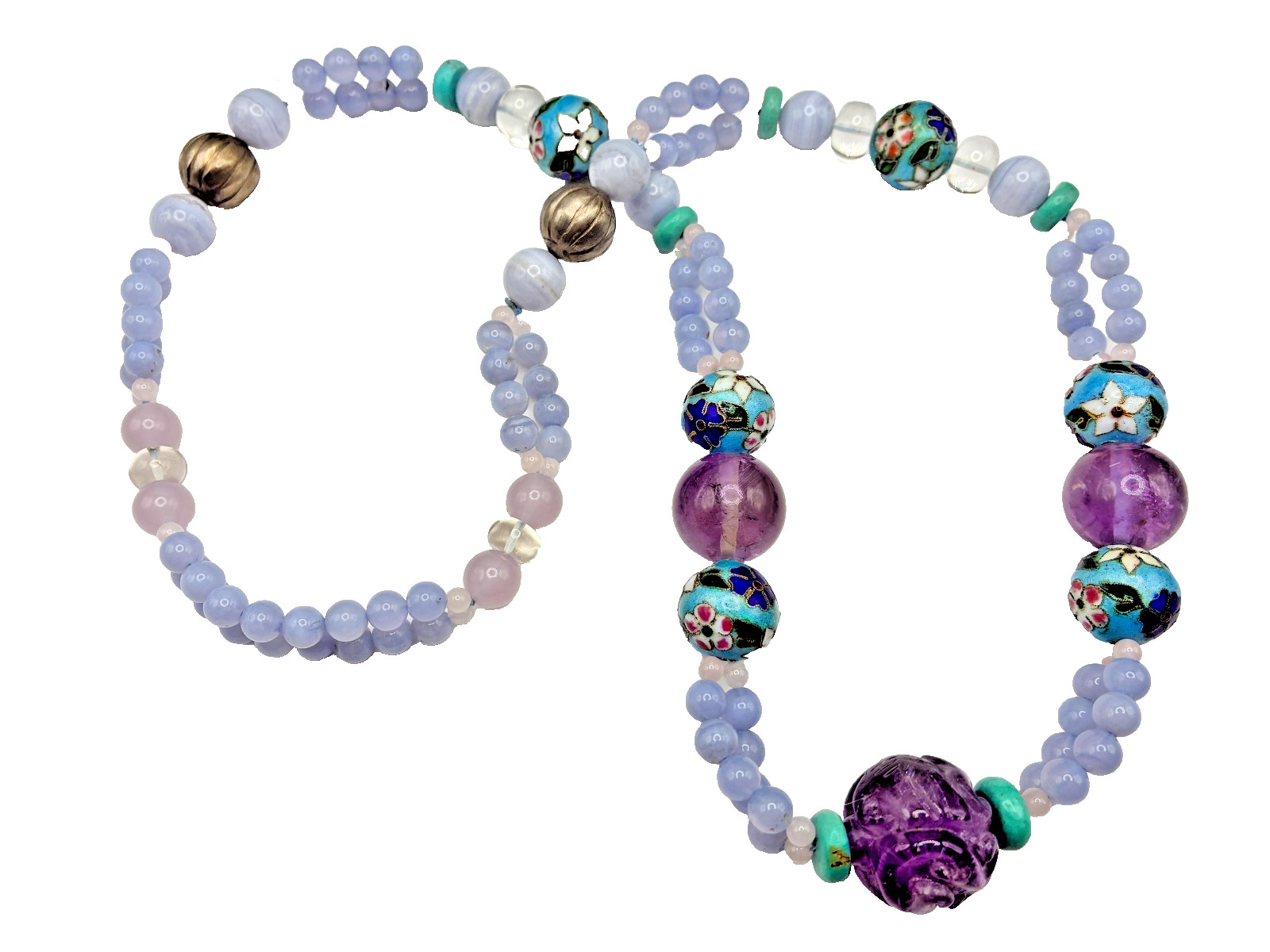 Amazing Chinese Enamel Silver Cloisonne Amethyst Turquoise Blue Agate Necklace
