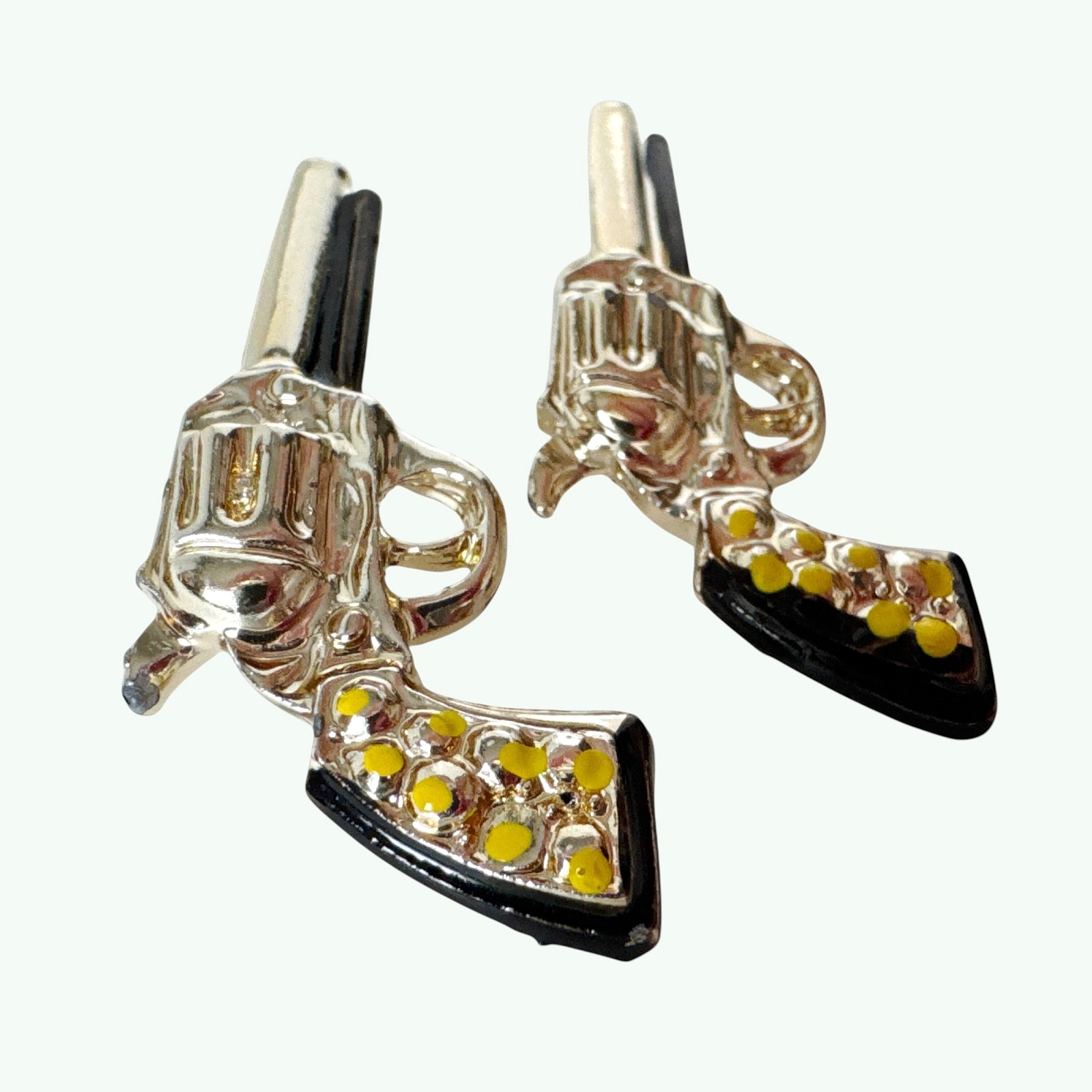 Pistol Handgun Brooch Pin Set of Two – Gold Tone & Enamel w/ Safety Clasps
