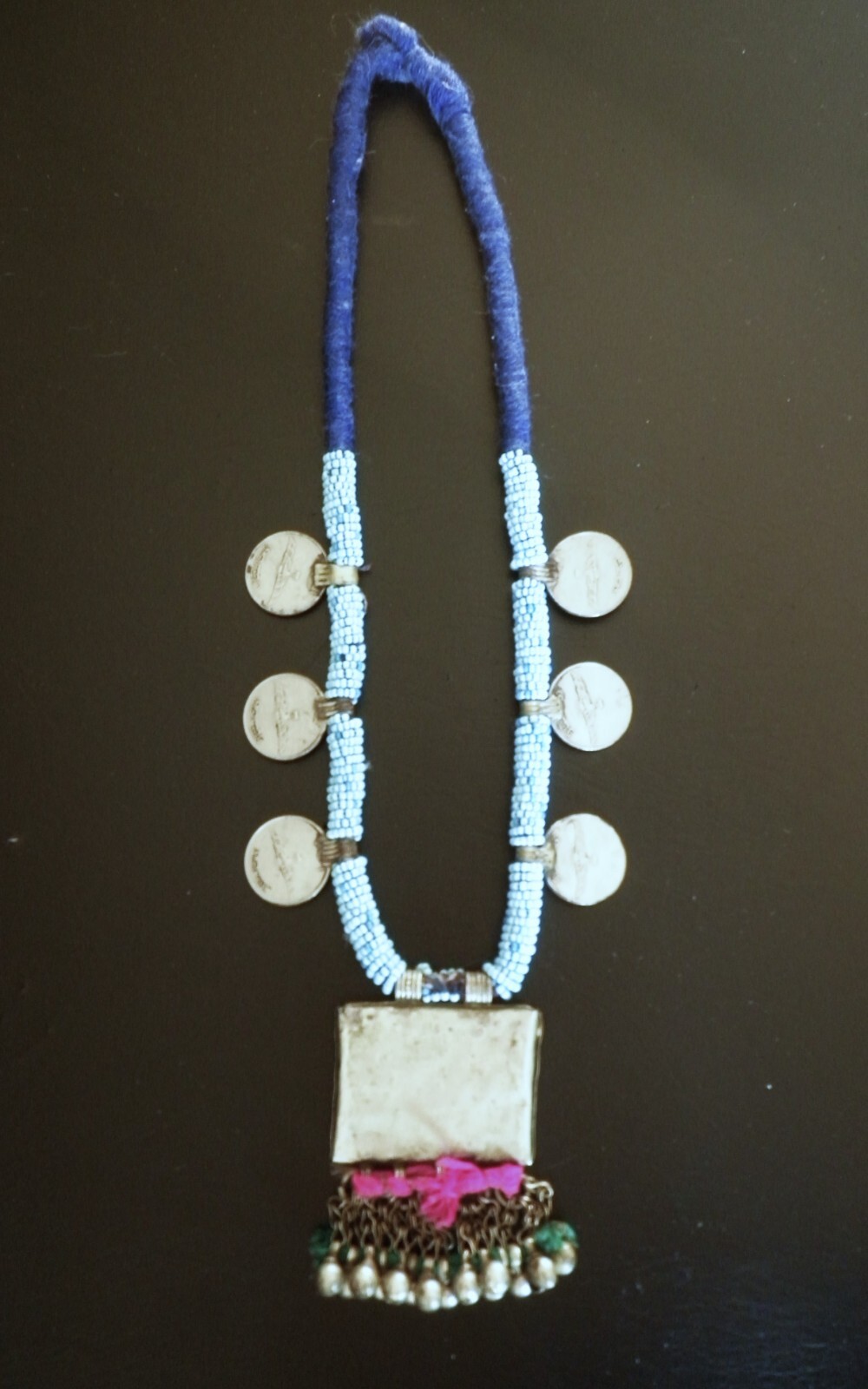 Vintage Turkoman Tribal Artisanal Wool Beaded Engraved Metal Statement Necklace