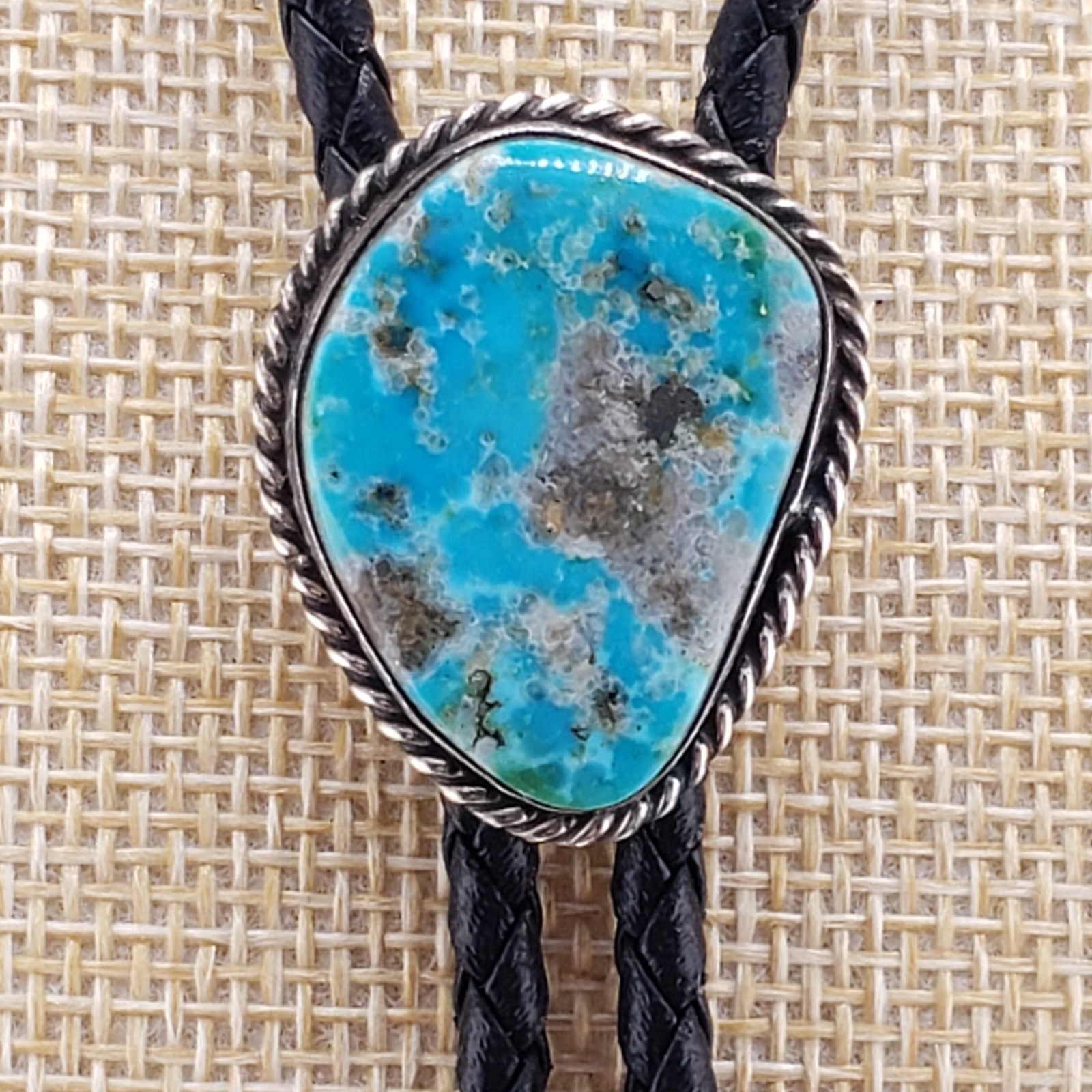 Vintage Turquoise Bolo Tie Sterling Silver Bezel Native American Signed S