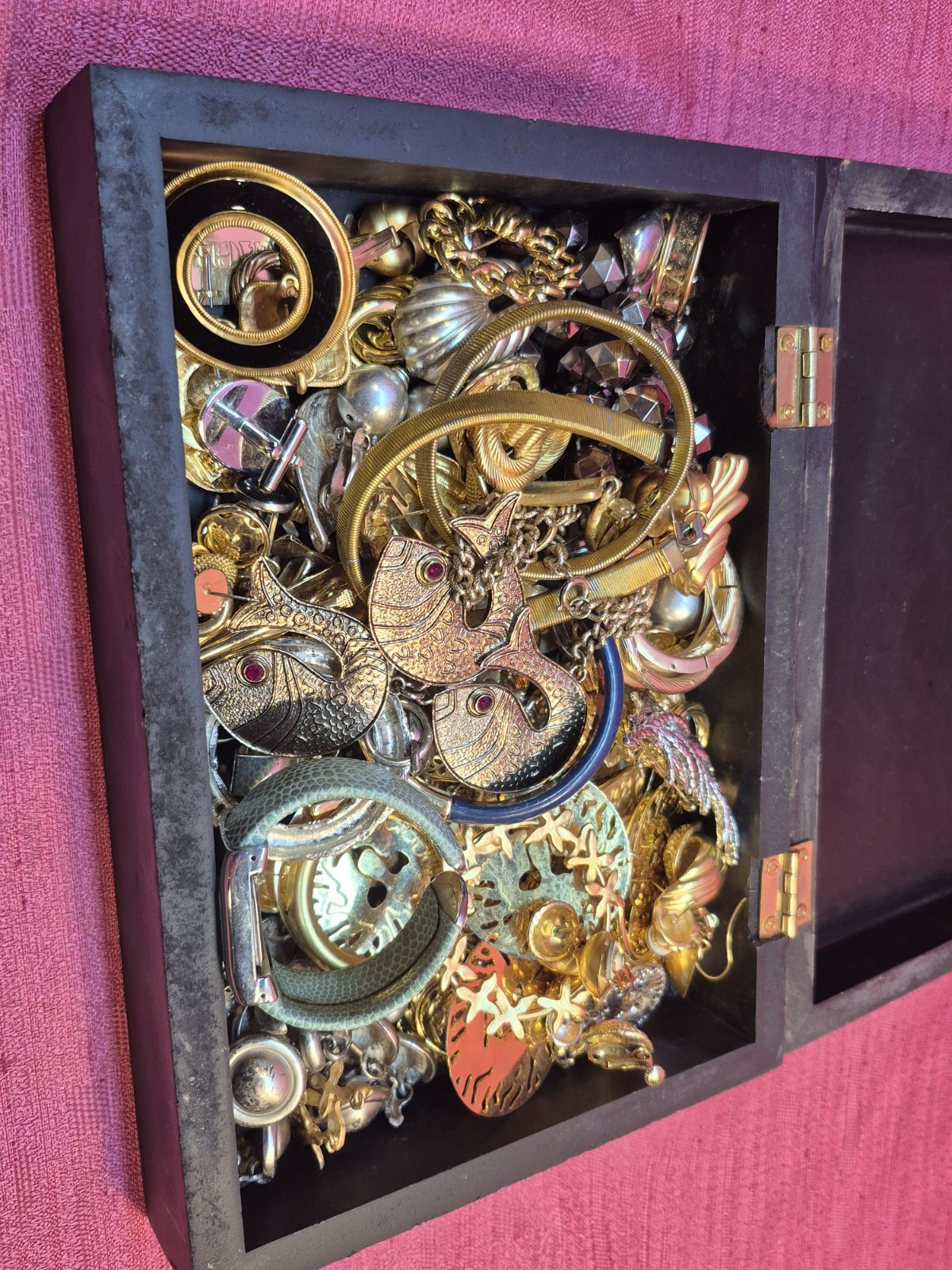 Vintage Costume Jewelry Lot w Wooden Box Mixed Singles Craft 60+ Pcs