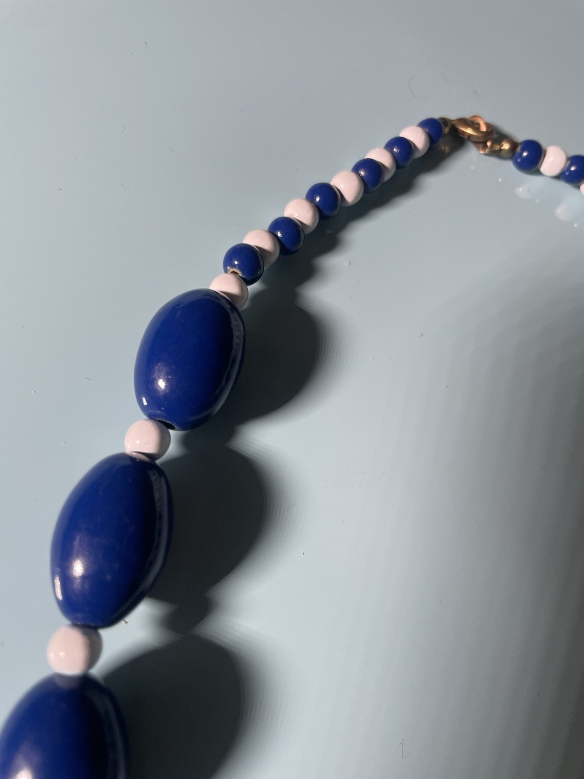 Vintage Blue White Lucite Bead Necklace Zebra Stripe Mod Statement Retro