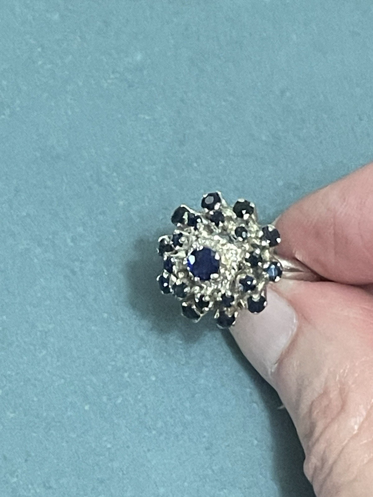 Ring Sterling Silver Sapphire Cluster/Dome Deep Blue Vintage Floral Size 7.25