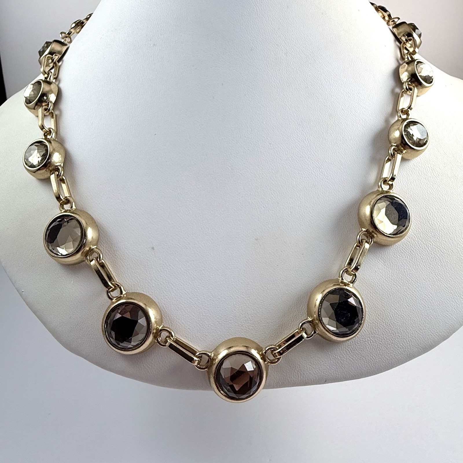 Vintage COLDWATER CREEK Smokey Gray Rhinestone Station Gold Tone Necklace 22″