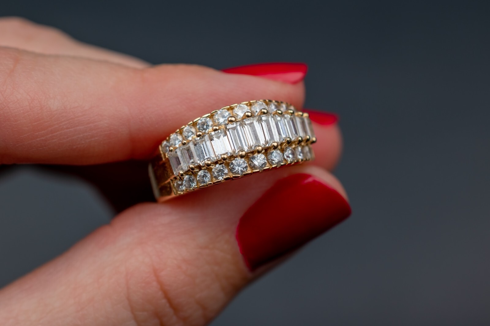 Right hand ring for women, massive baguette cz anniversary band solid 14K gold