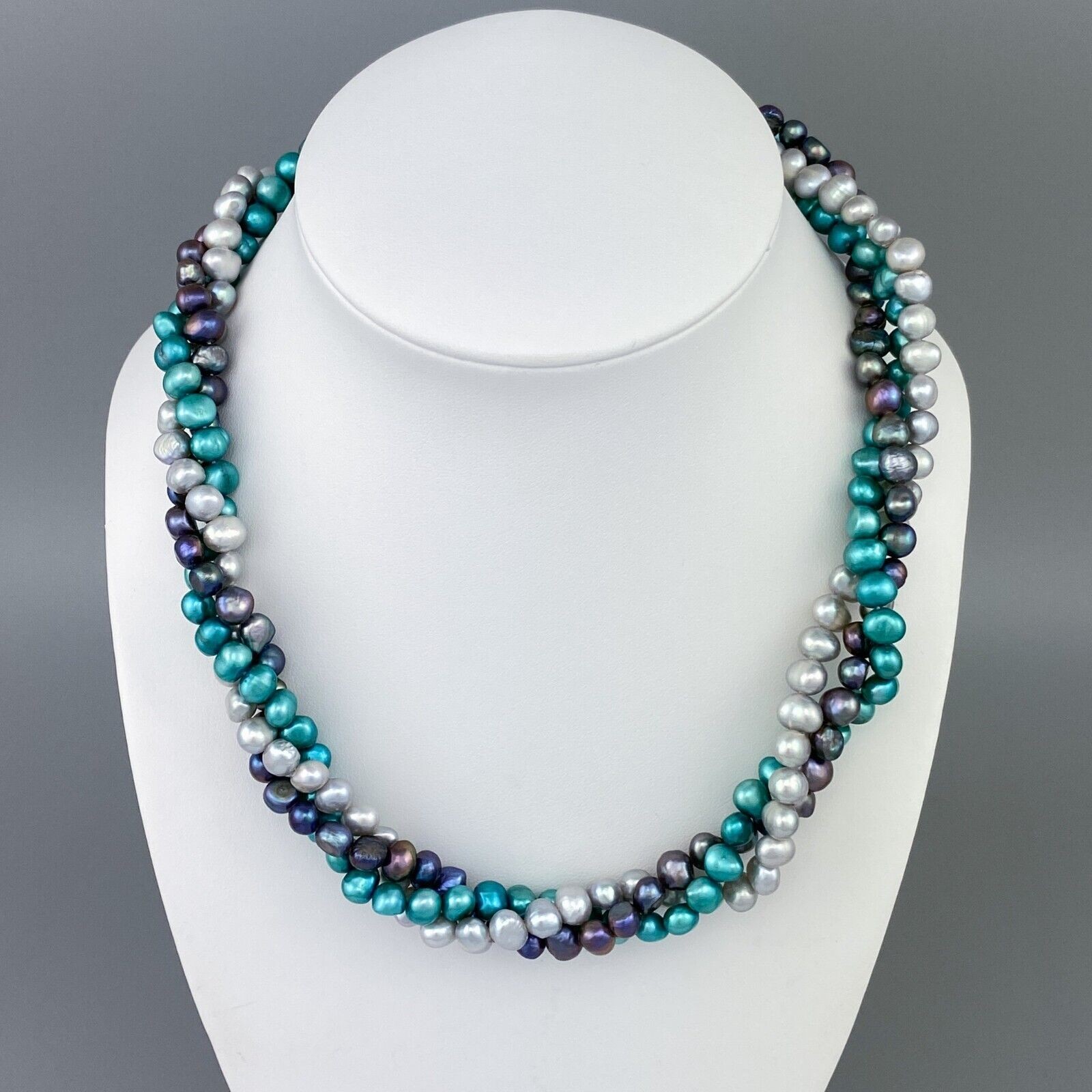 Vintage Sterling Silver 925 Purple Gray Blue Pearl Necklace 17″-18.5″