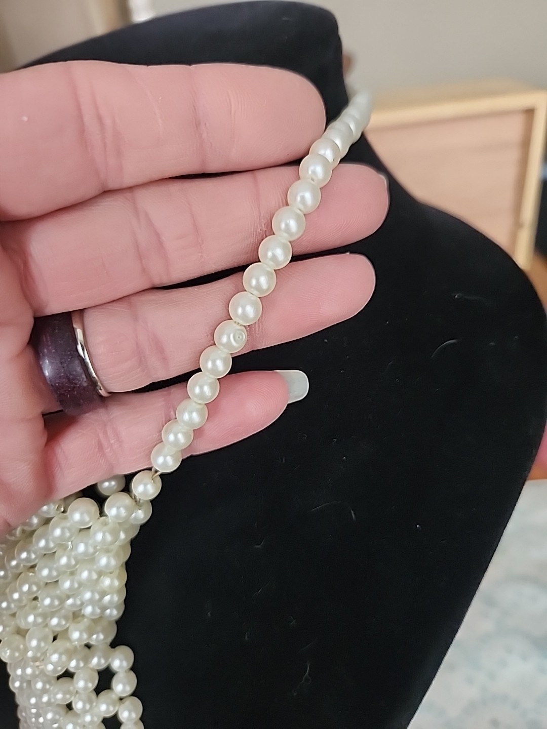 MCM Vintage Faux Pearl Tie Necktie Necklace Hong Kong 18″ Handmade Off White