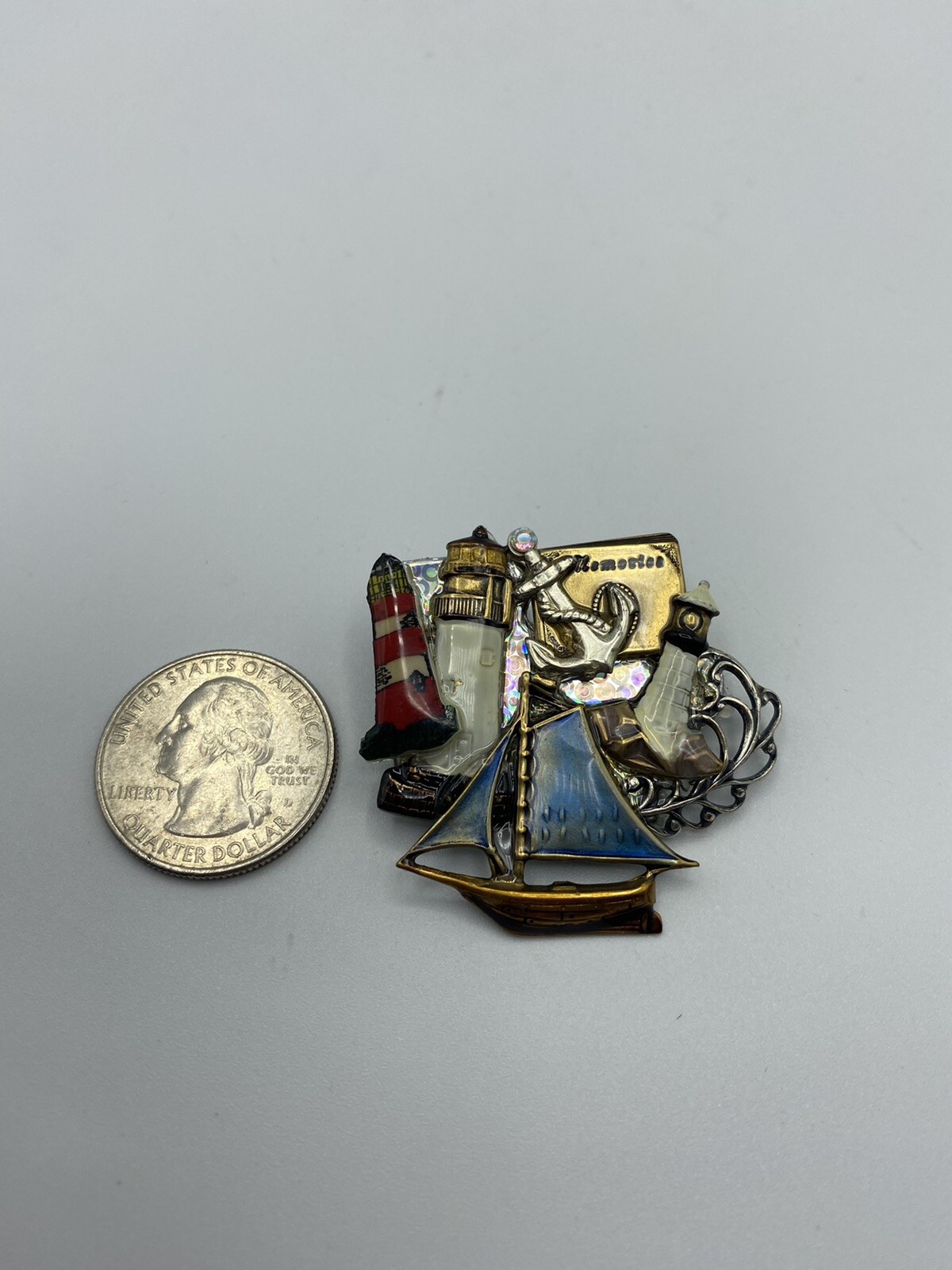 OCEAN SCENE Multicolor Nautical Pin/Brooch Vintage Boat Ship Lighthouse Anchor