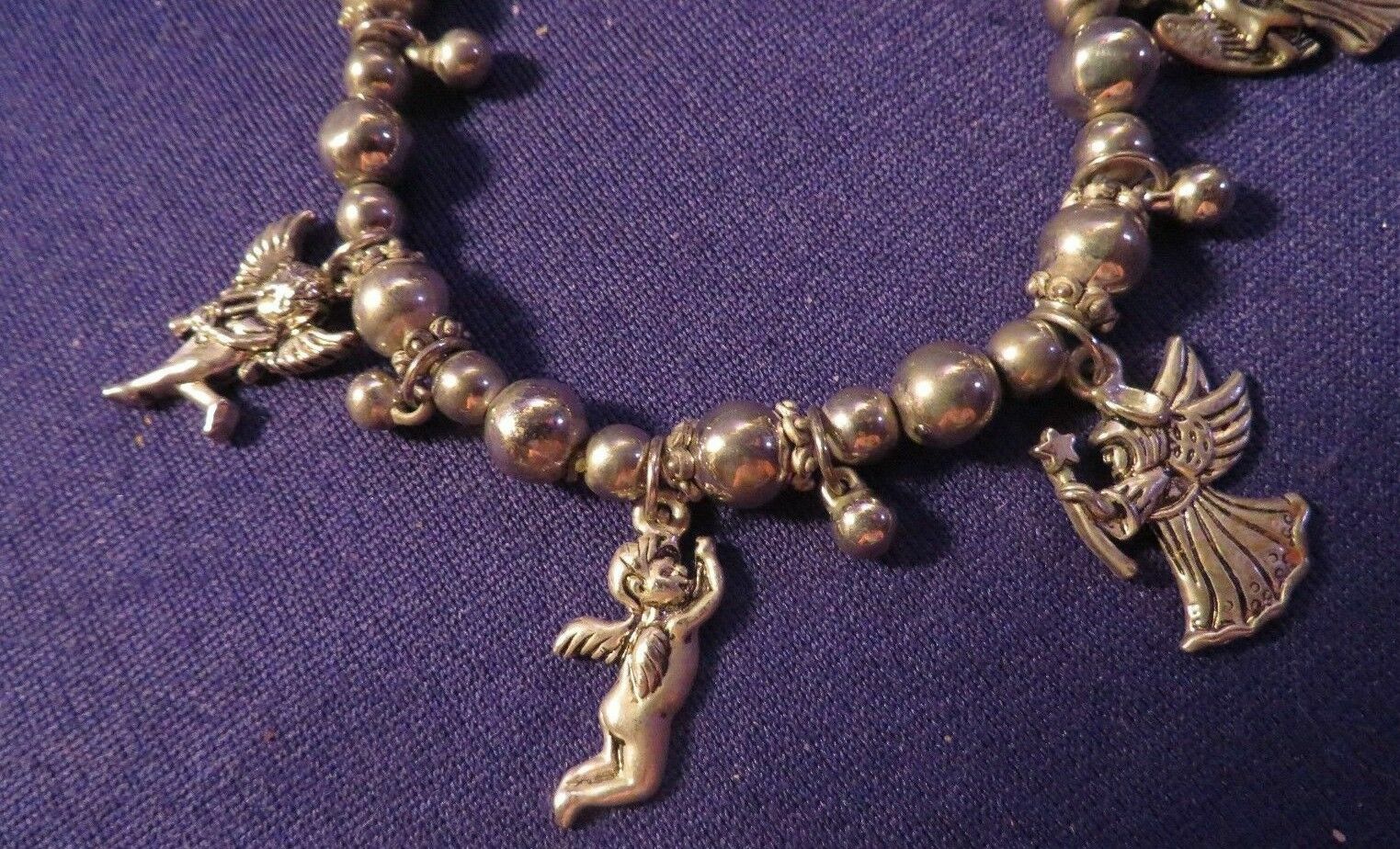 Vintage Silvertone GUARDIAN ANGEL Stretchy Charm Bracelet CUTE