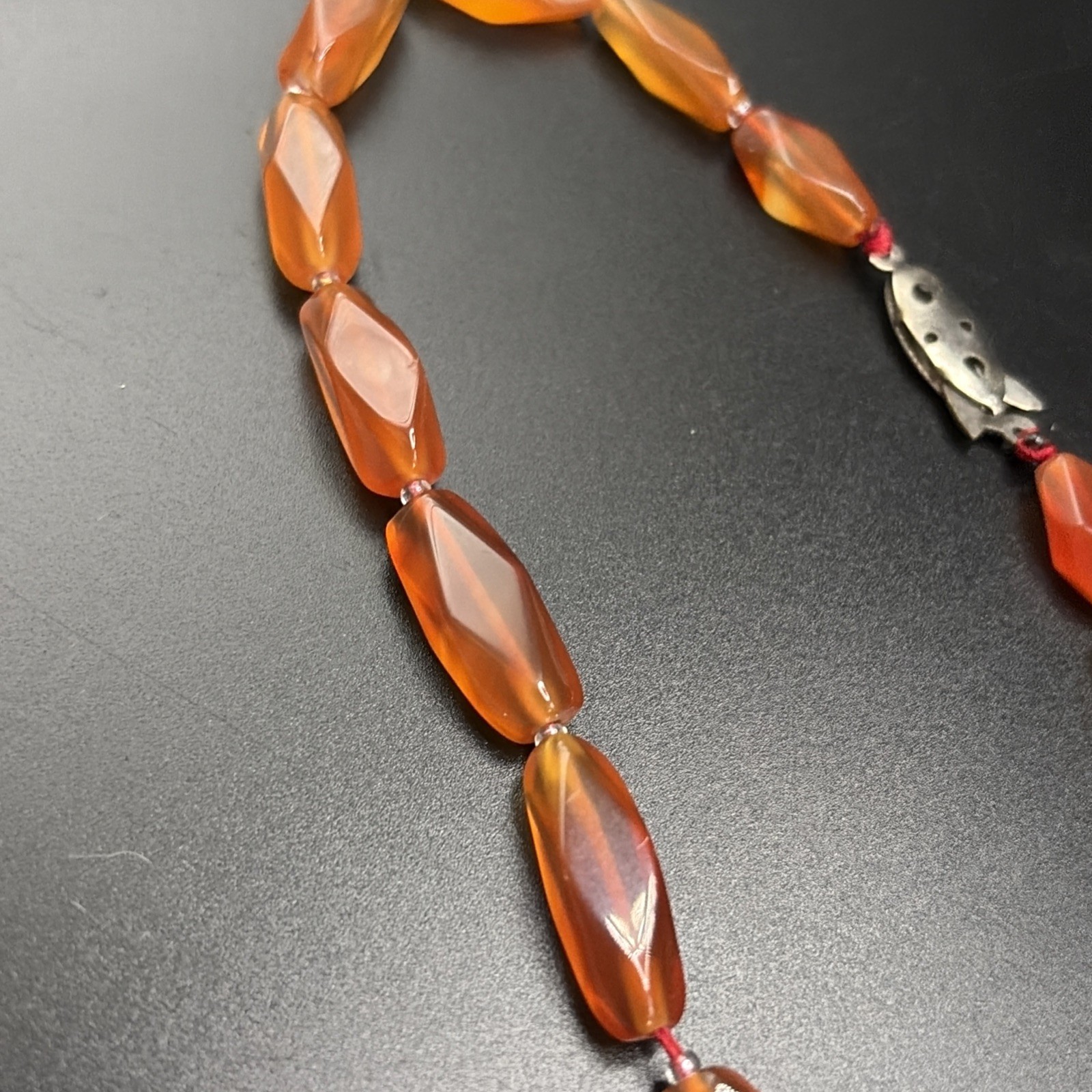 Vintage 1950’s Orange Red Carnelian Faceted Bead 16 In Necklace Fish Hook Clasp