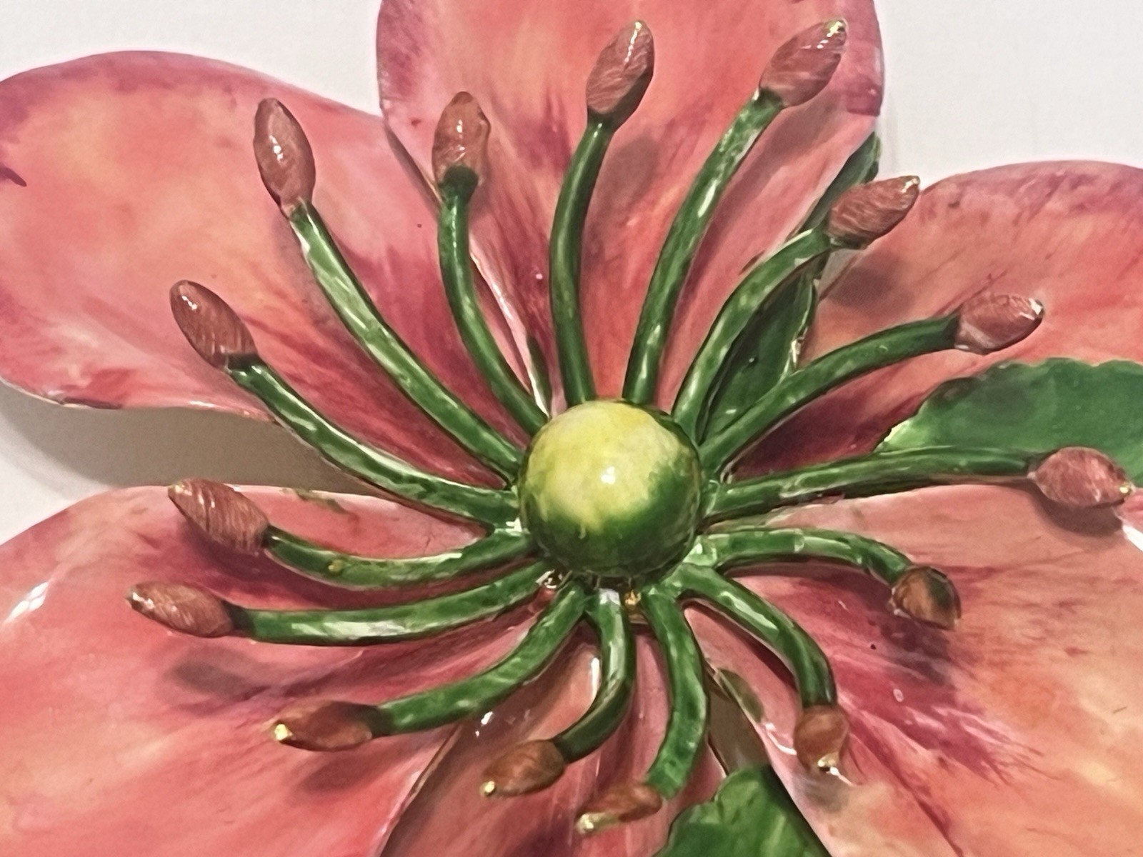 Vtg Hattie Carnegie Enamel Flower Brooch W/ 3D Pink Petals And Green Pistils