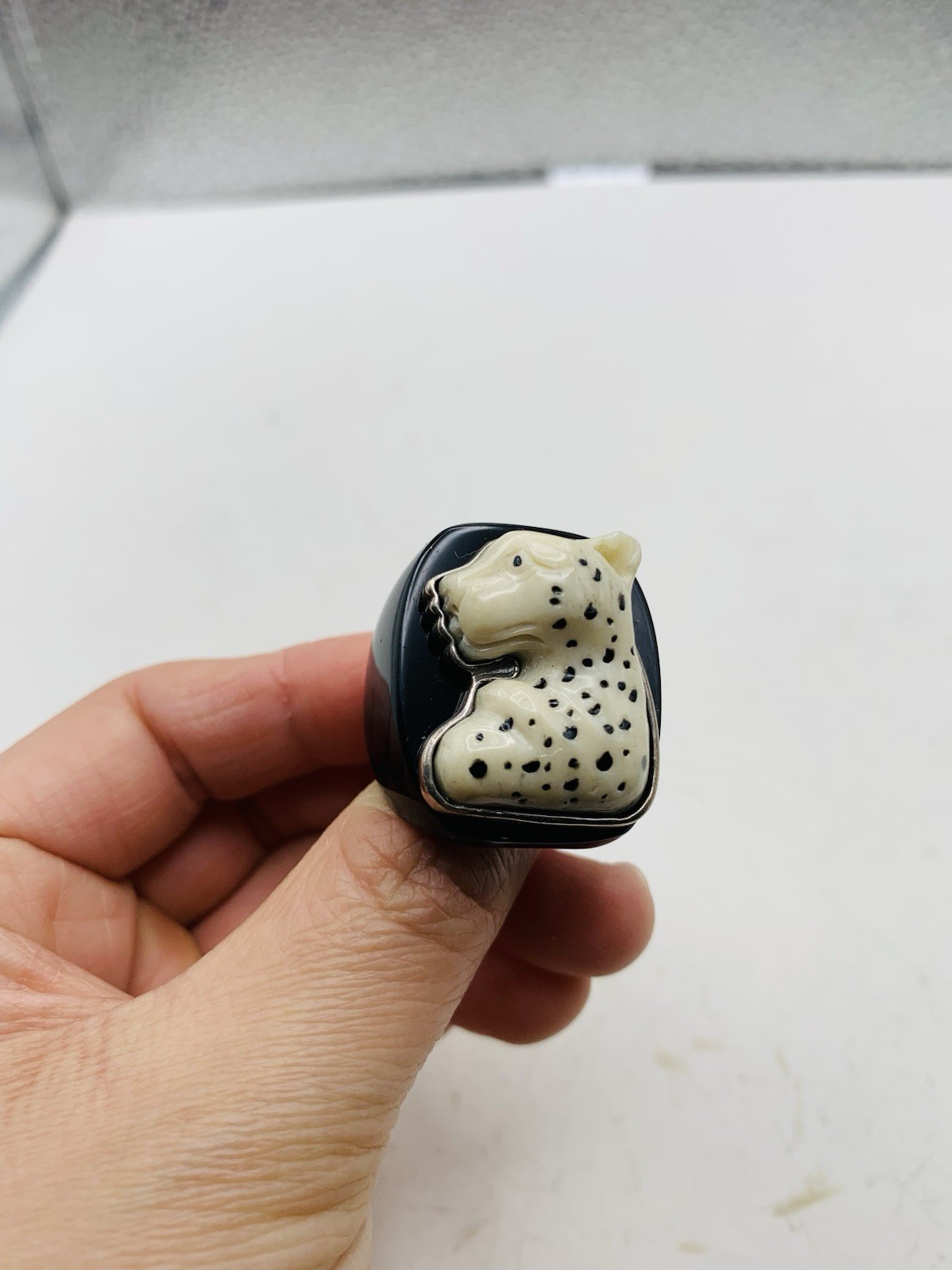 Vintage Unsigned Amy Kahn Russel Sterling Celluloid Leopard Big Cat Sz 9.5 Ring