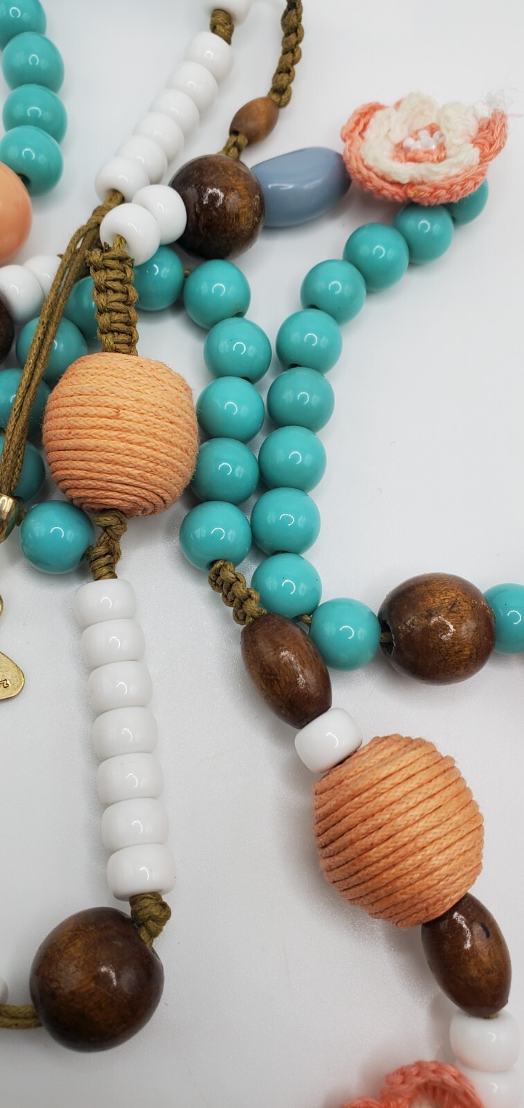 Vintage Plastic, Wood and Crochet Beaded Necklace 18″ Marked Gwen woo1