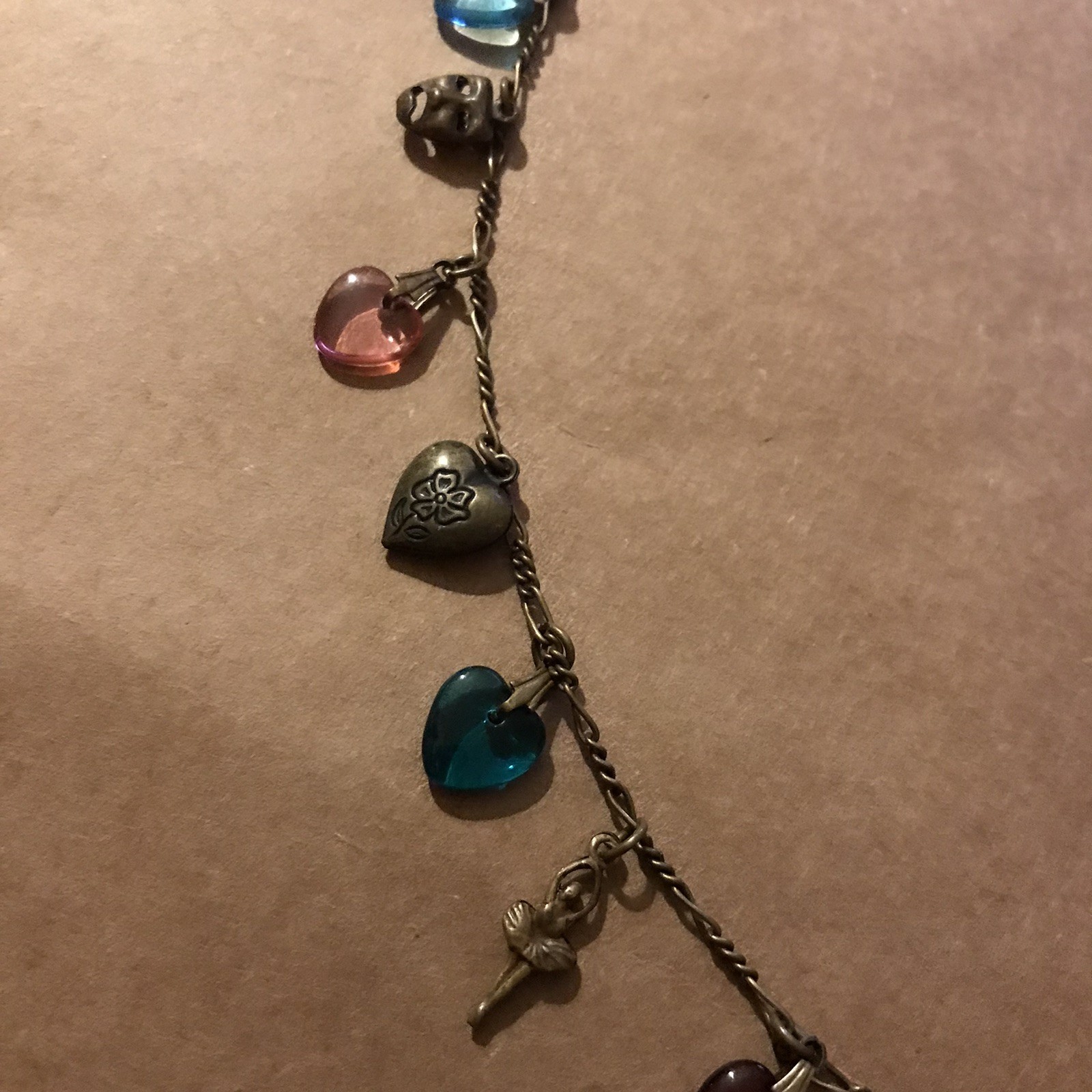 Vintage Glass Works Studio Charm Necklace Brass With Glass Hearts & brass Charms