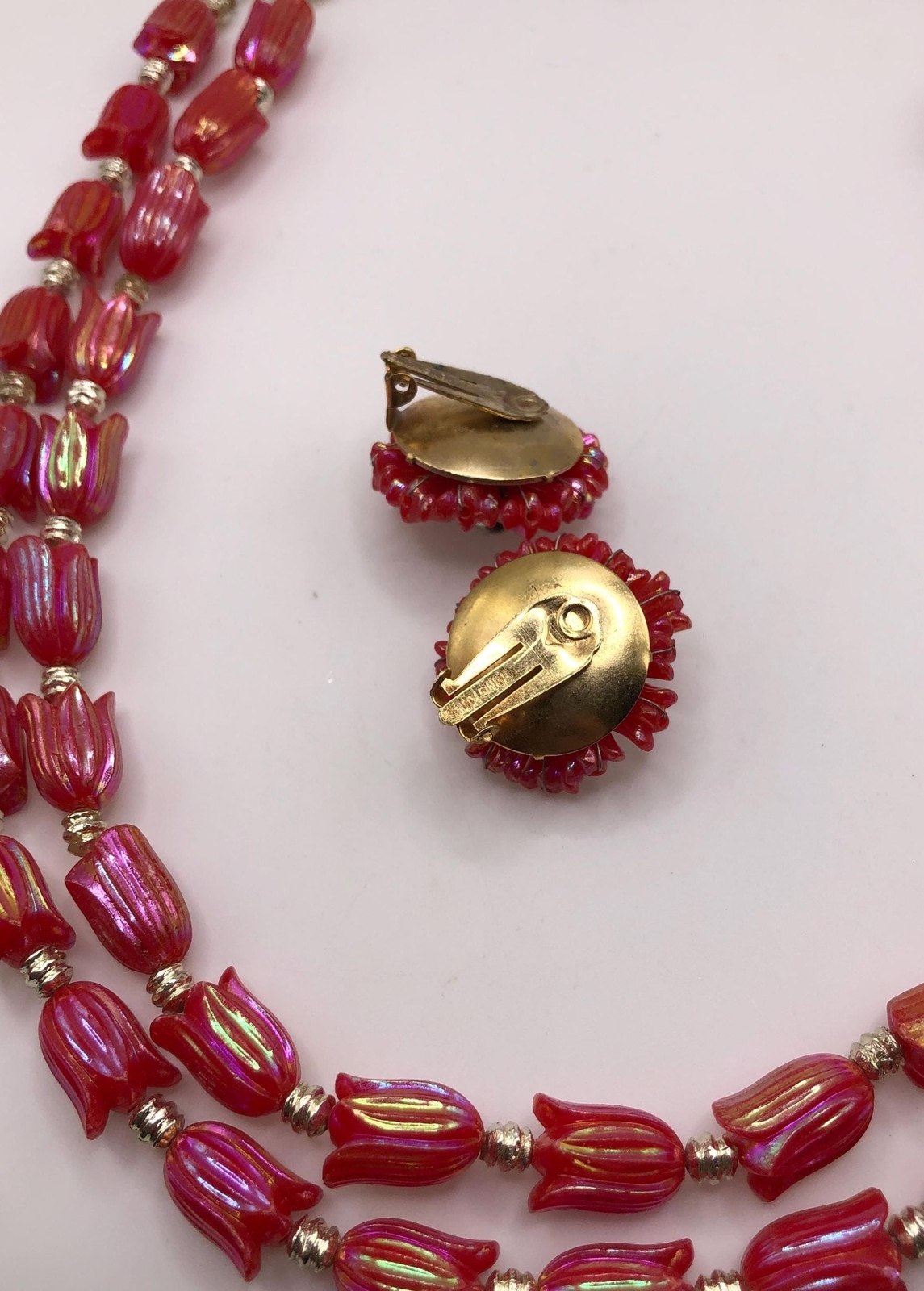 Vintage red iridescent tulip bead two strand necklace and earrings