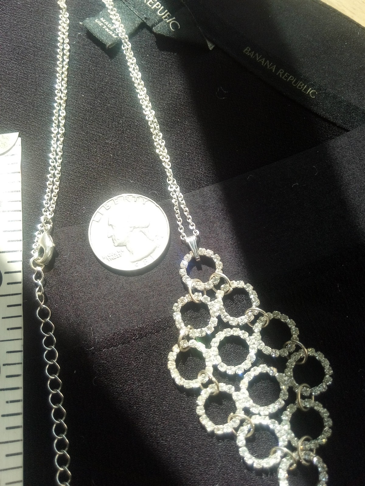 Neckl: 25, 2-1/2″ Pendant of Rhinestone Circles, ST, 17″ Chain, Lobster Clasp