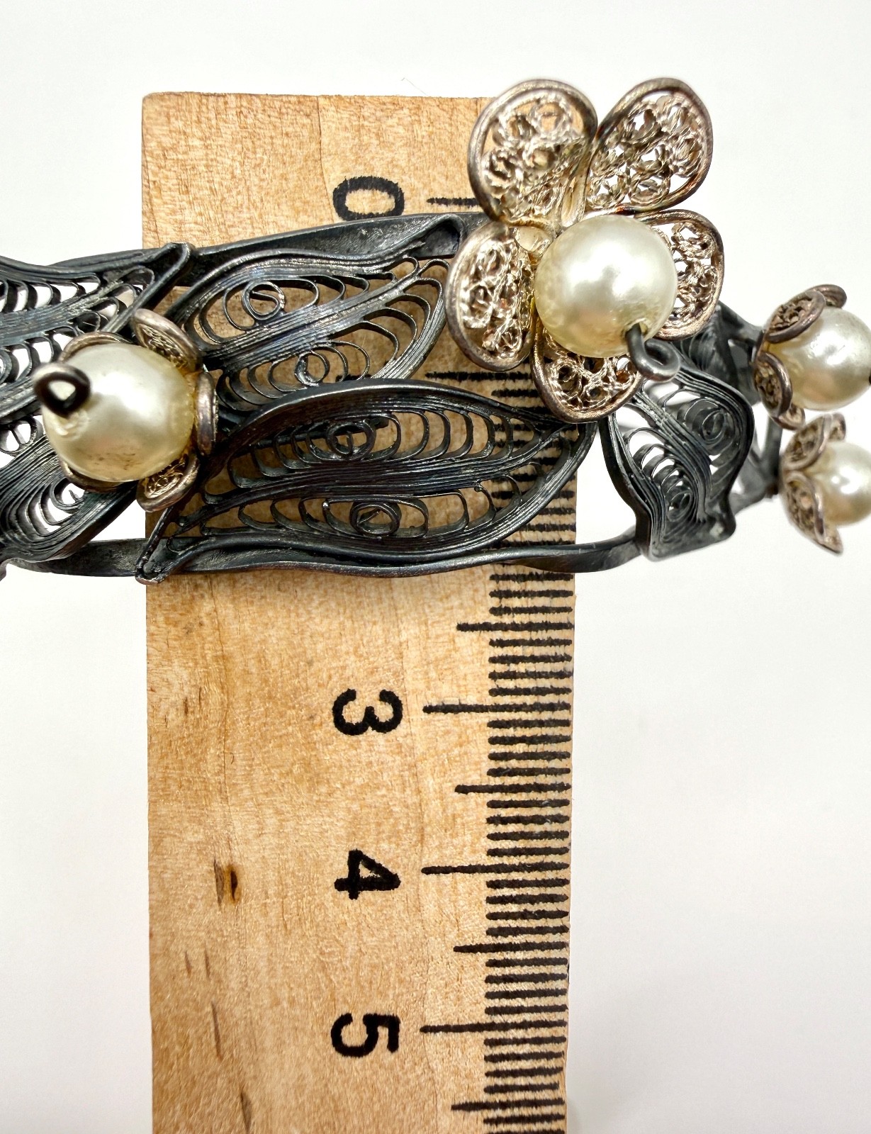 Rare Vintage Soviet USSR 960/950 Silver Filigree Hinged Cuff Bracelet Faux Pearl