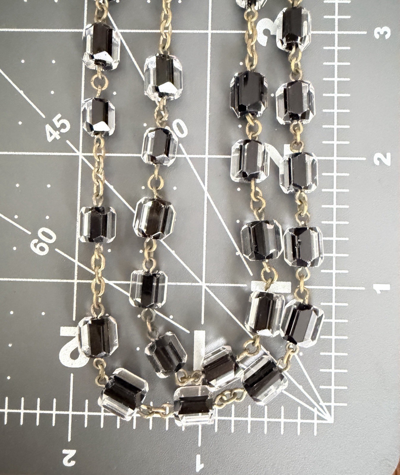 Antique Czech Jet Black & Clear Geometric Glass Bead 60″ + Extra Long Necklace