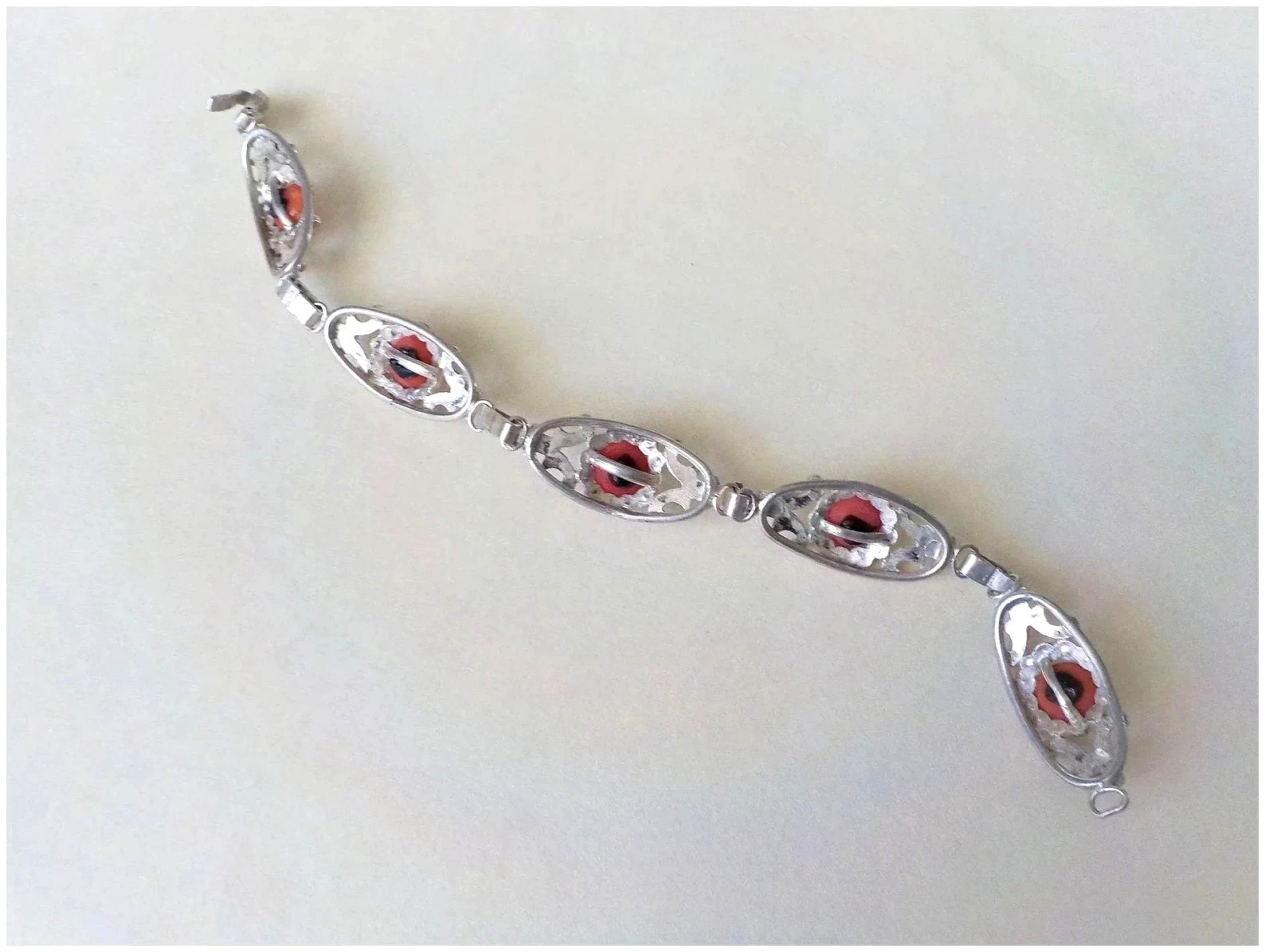 Vintage European Ox Blood Red Coral Marcasite 800 Silver Bracelet