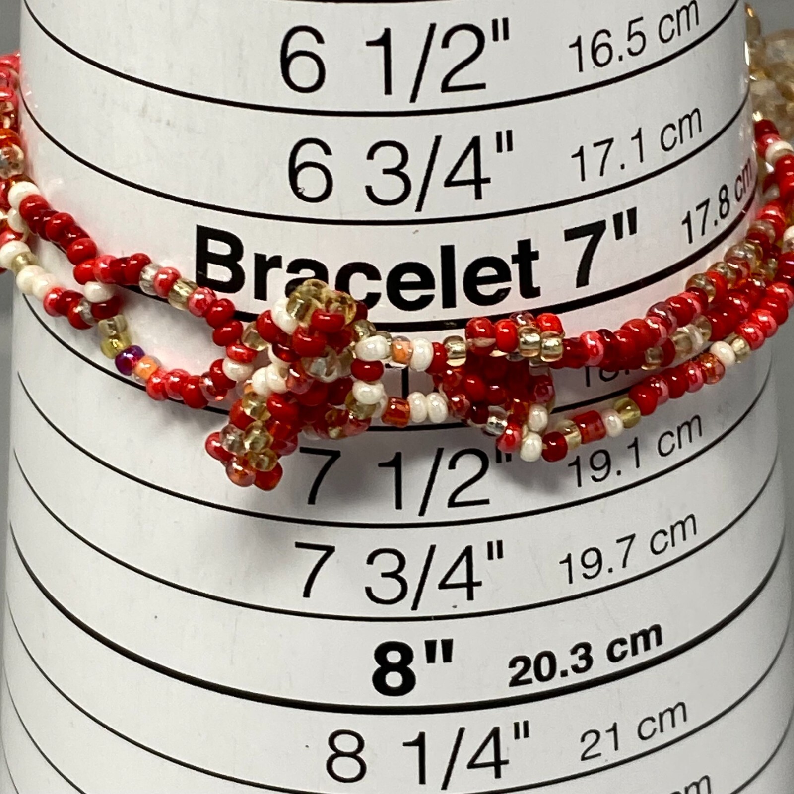 Artisan Seed Bead Bracelet Multi Strand Red Cream Faceted Button Hook Clasp 7.25
