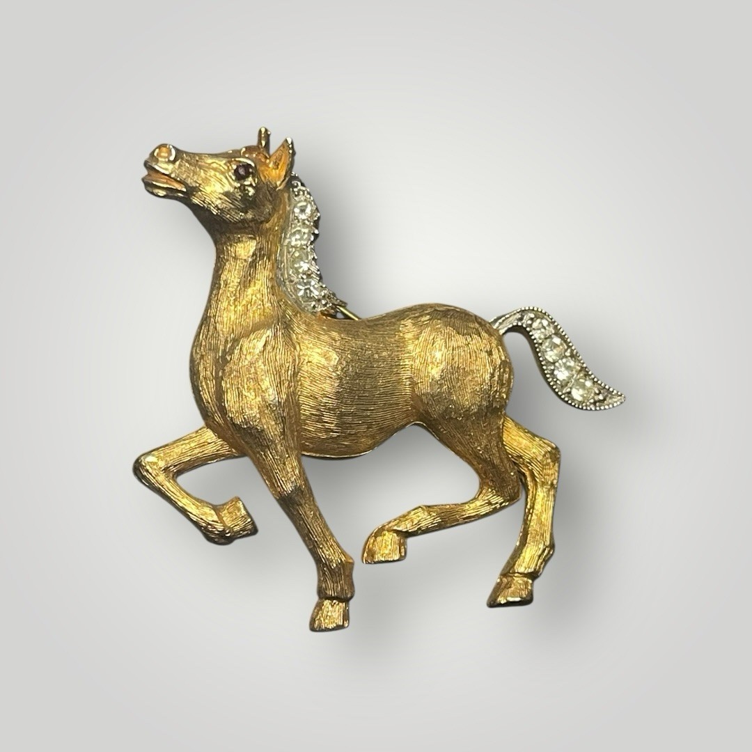 Vintage JJ Jonette Running Horse Brooch Gold Tone Rhinestone Mane Tail Pin