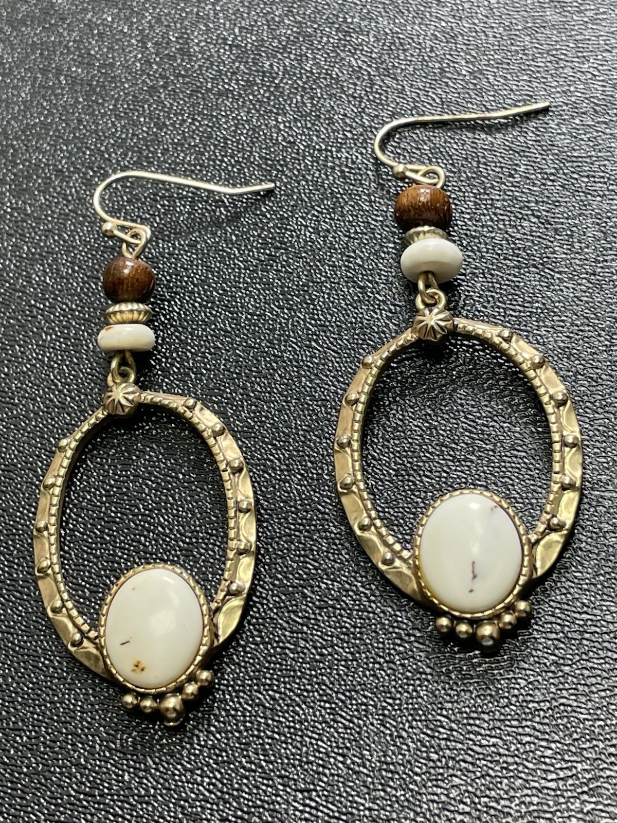 Vintage 1.5” Faux White Gemstone Wood Beaded Gold Tone Bohemian Dangle Earrings
