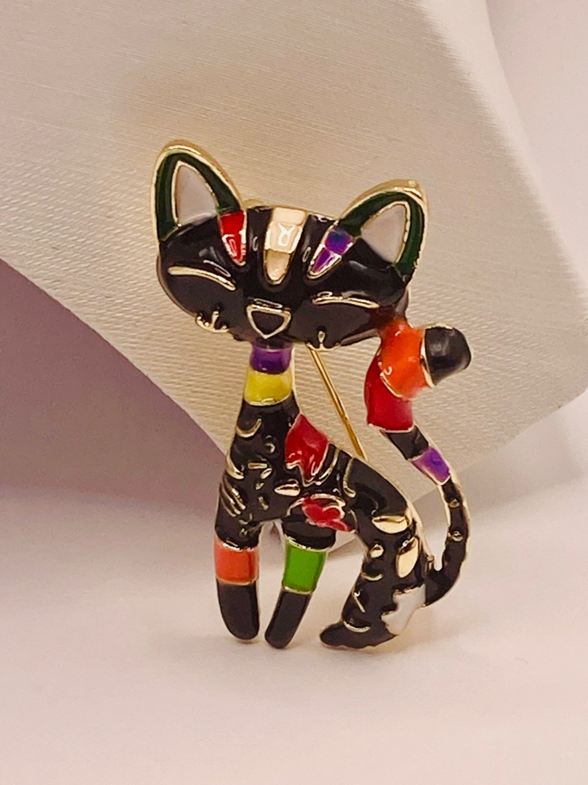 Colorful Black Cat Brooch Pin Enamel Details & Gold-Tone Finish -51B