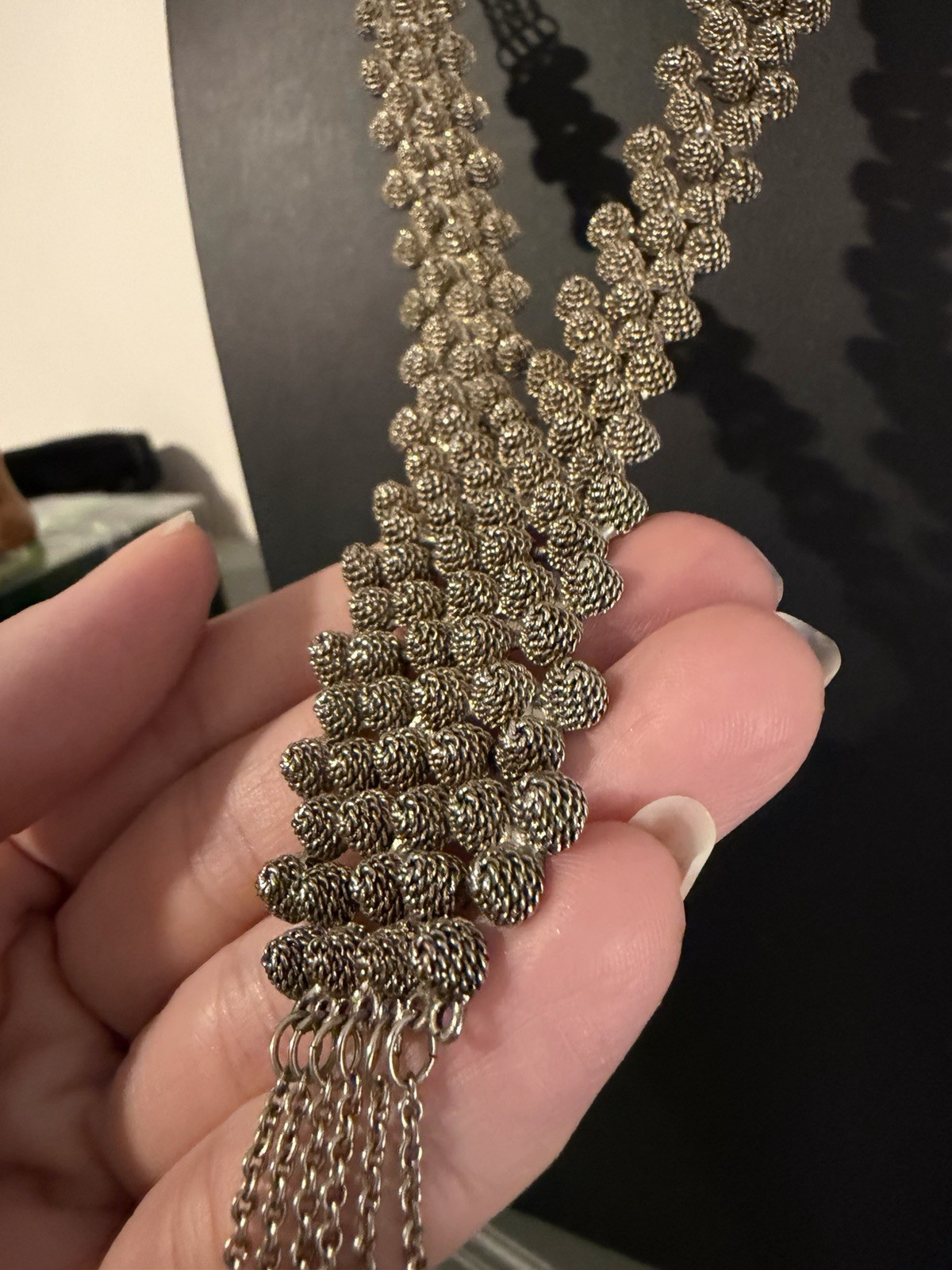 Vintage Silver Tone Statement Bib Necklace Tassel Fringe Cluster Bead Glam 70s