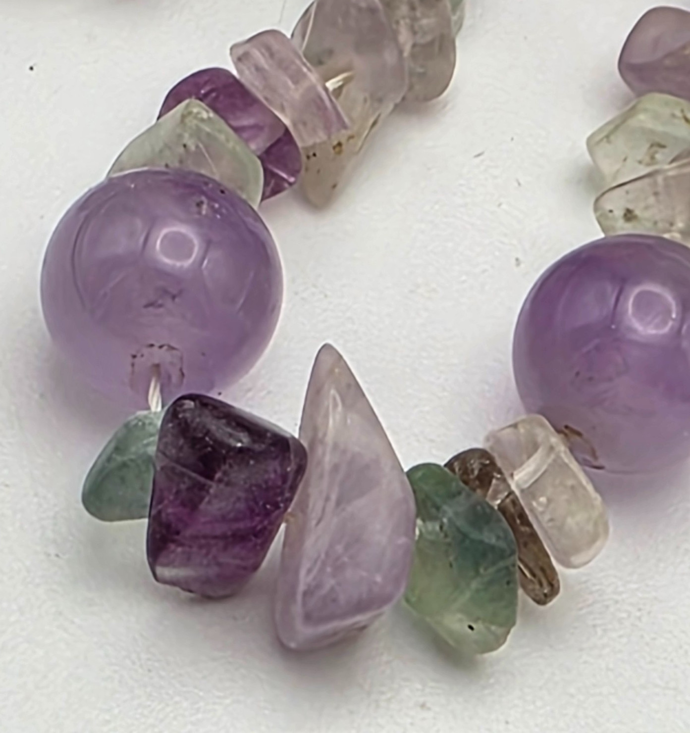 Sterling Amethyst Bead Necklace Clear Quartz Green Amethyst Chips 20″ Vintage