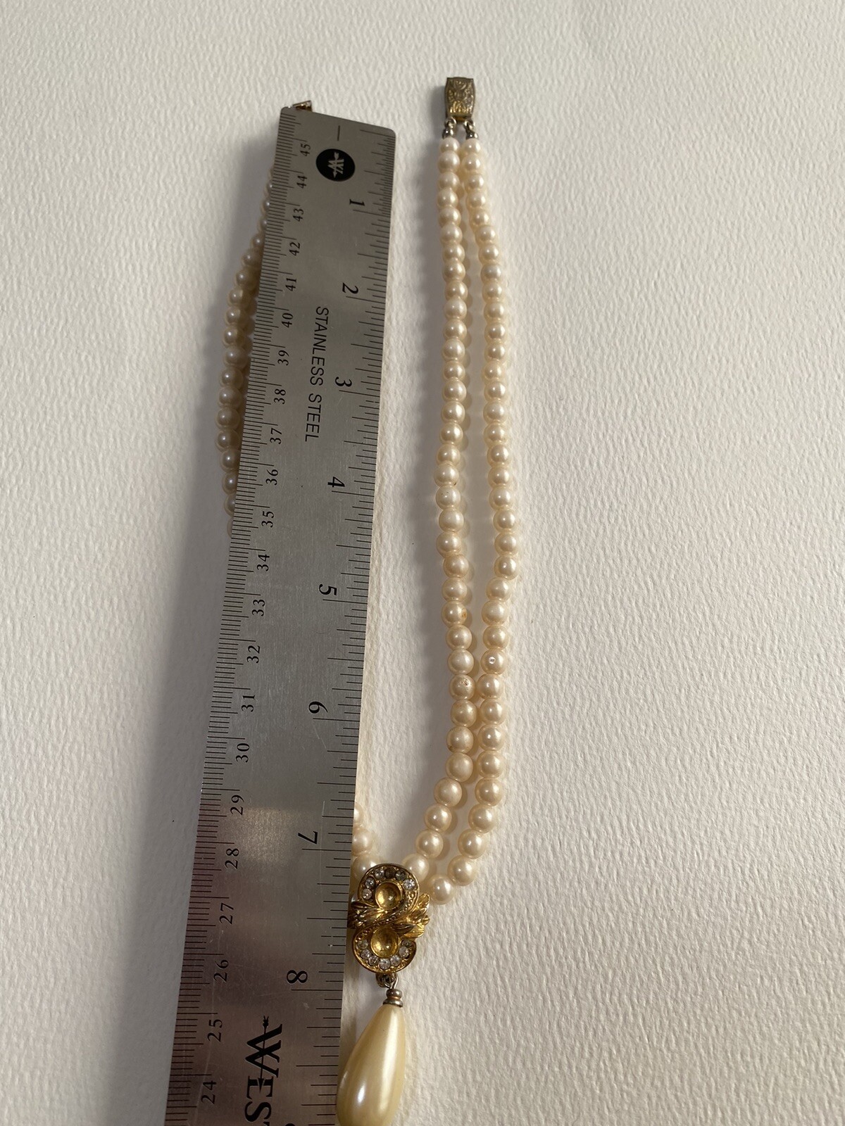 Vintage Estate Faux Cream Pearl Gold Tone Rhinestone Drop with Fish Hook Clasp