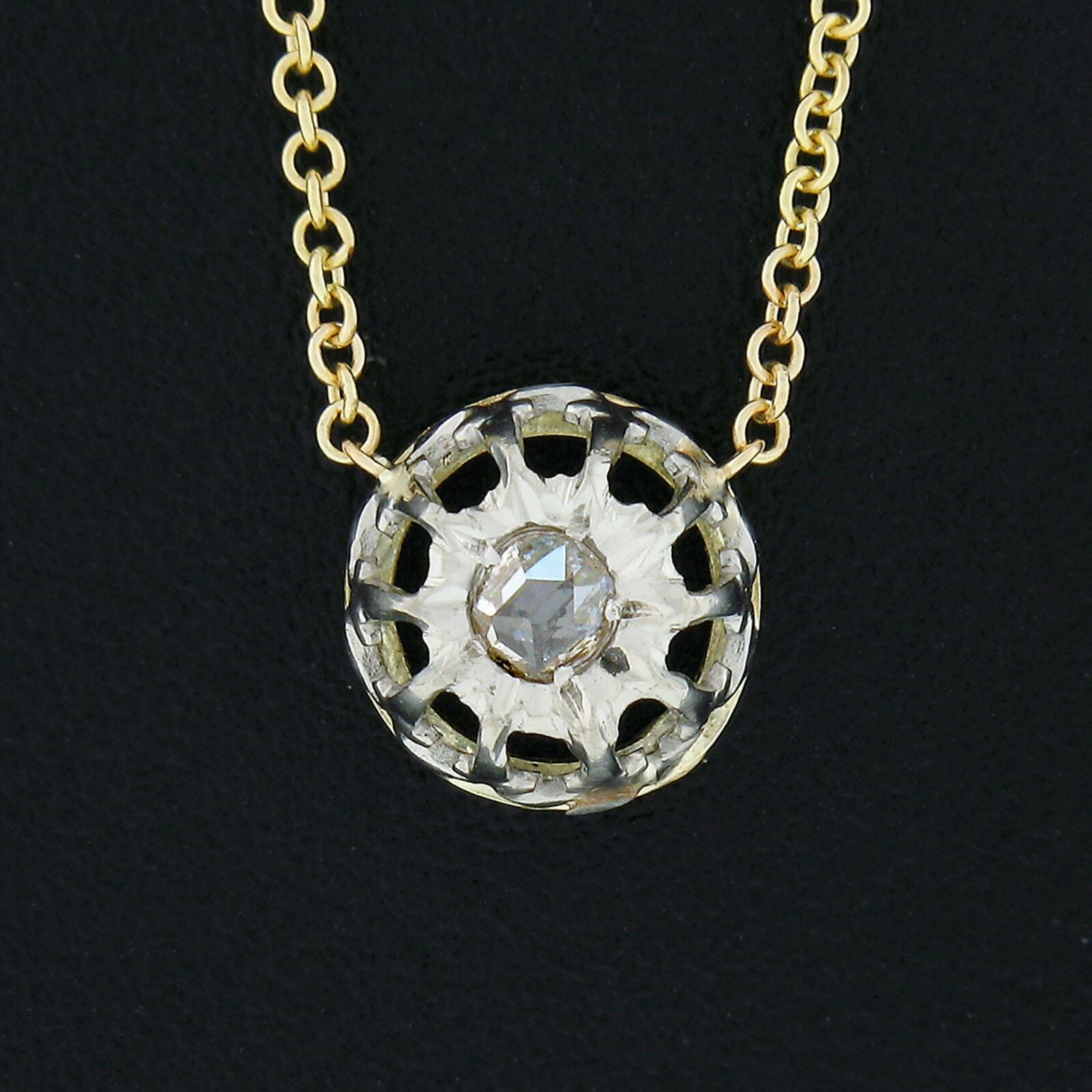 Antique 18k Gold & Platinum 0.06ctw Rose Cut Diamond Solitaire Pendant w/ Chain
