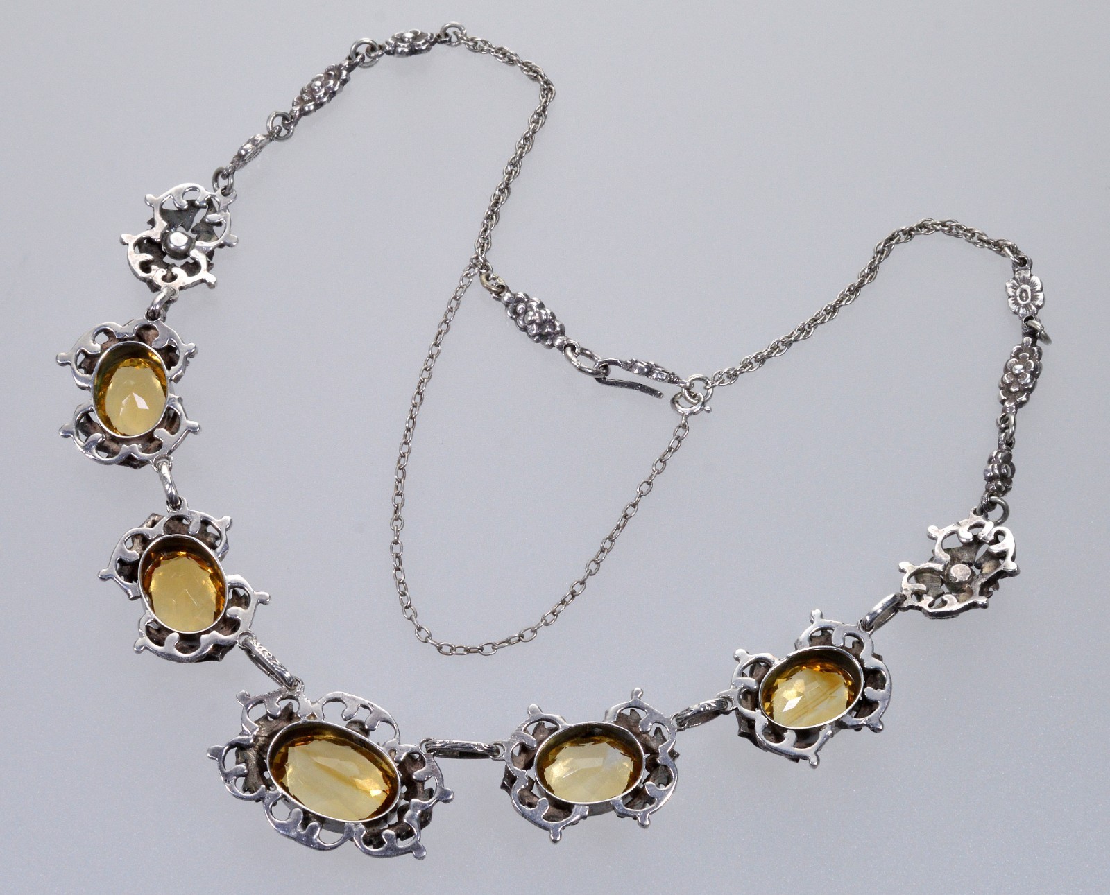 ANTIQUE ART NOUVEAU STERLING CITRINE LINK NECKLACE C.1900