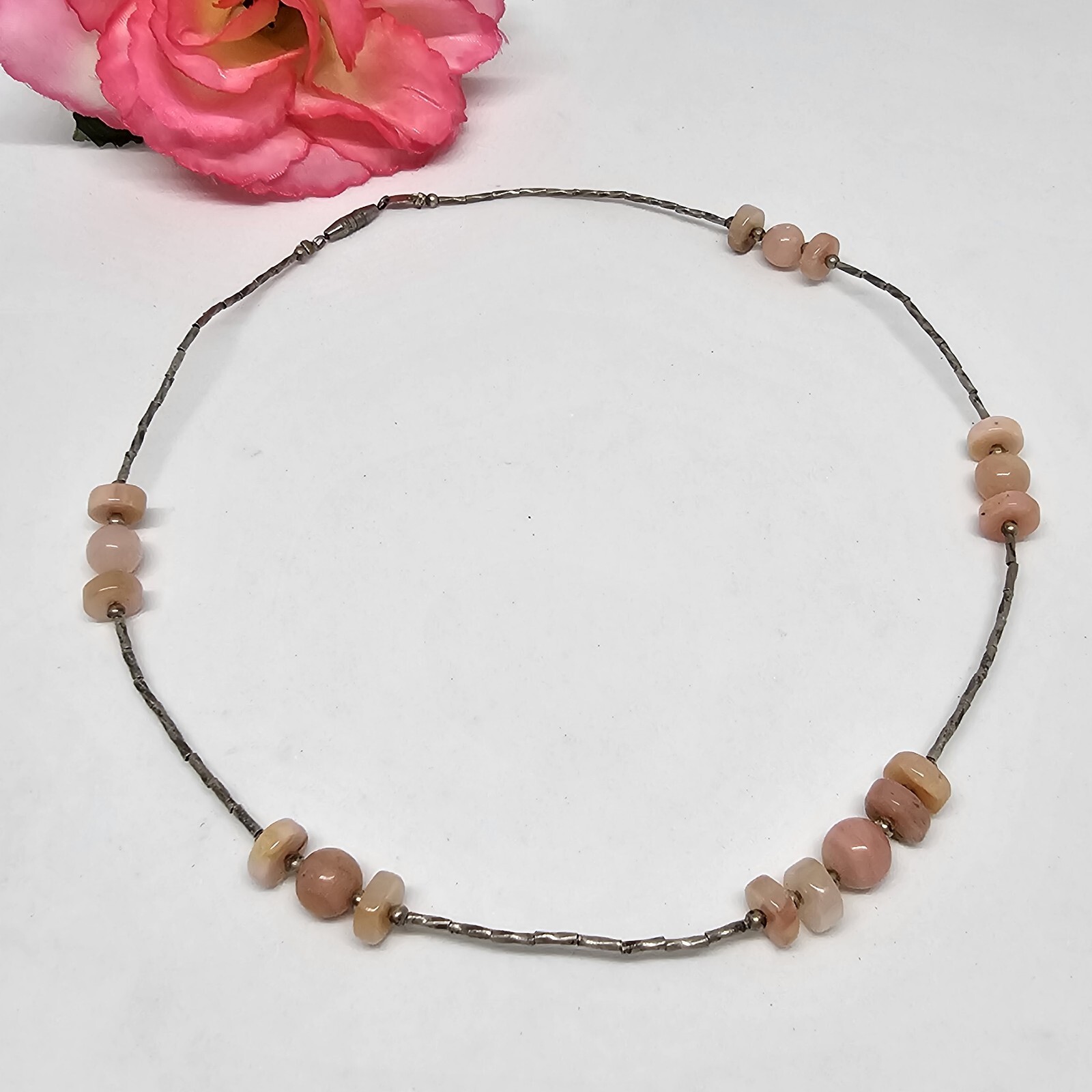 925 Sterling Silver – Round Pink Agate Beaded Chain Choker Necklace 16.5″ Long