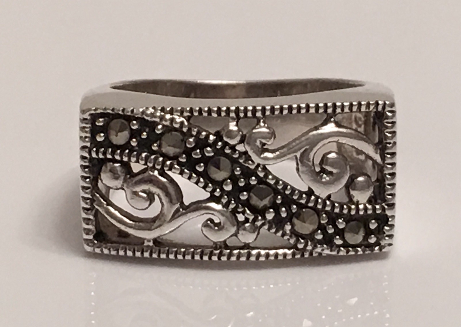 Vintage CW Sterling Silver Marcasite Wide Rectangle Swirl Scroll Size 6.25 Ring