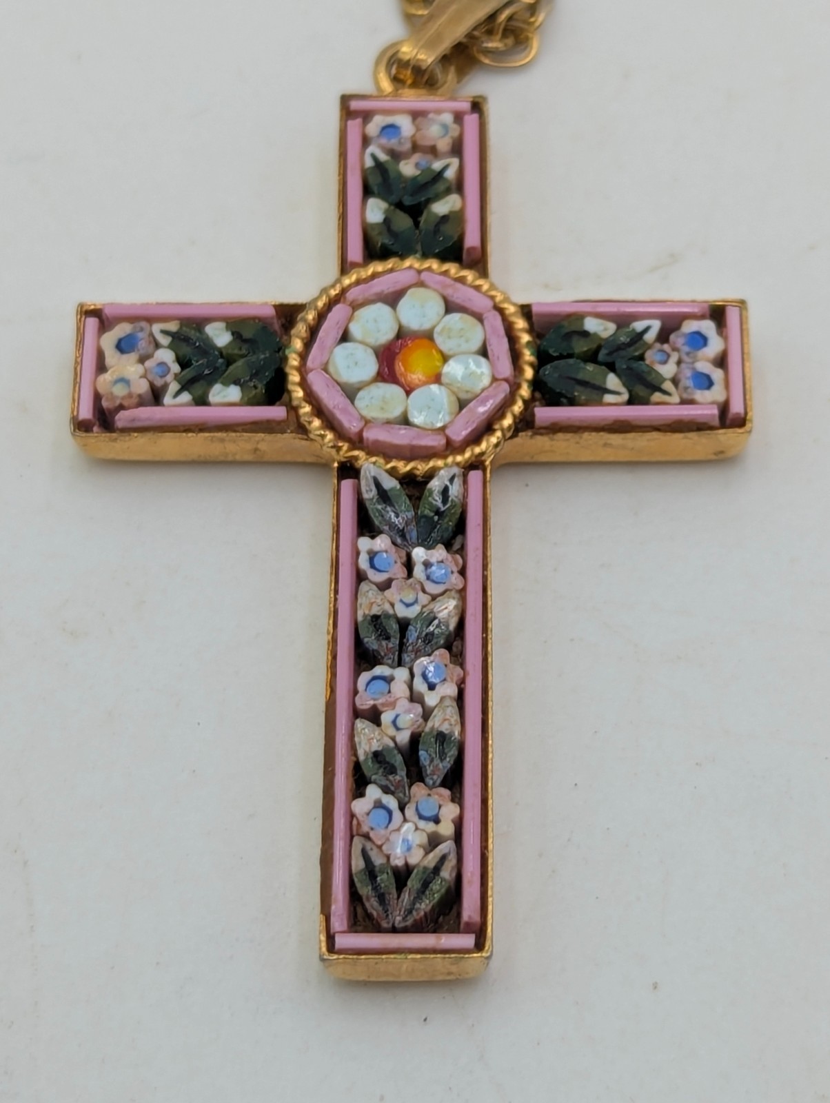 Micro Mosaic Italy Floral Cross Charm Pendant 1 3/4″ Necklace 18 1/2″ Gold Tone