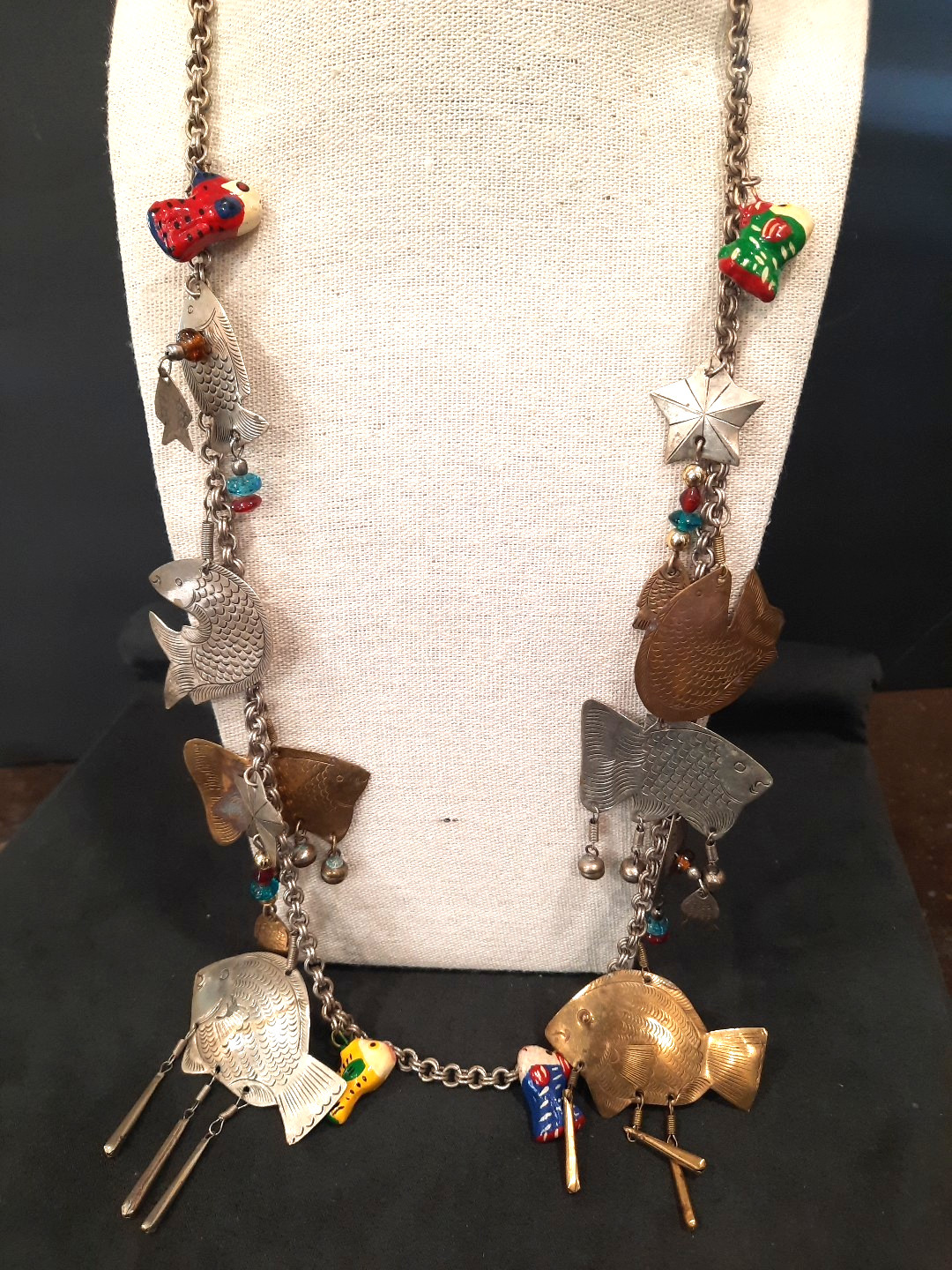 Vintage Eclectic Charm Necklace Fish Star Beads Mixed Metal 28” Long