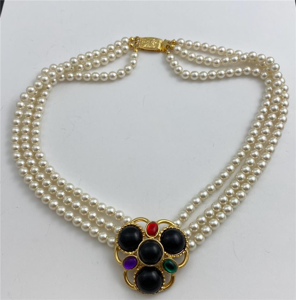 Triple Strand 6MM Pearl Necklace with Multicolor Cabochons Gold T. Center 17.5″L