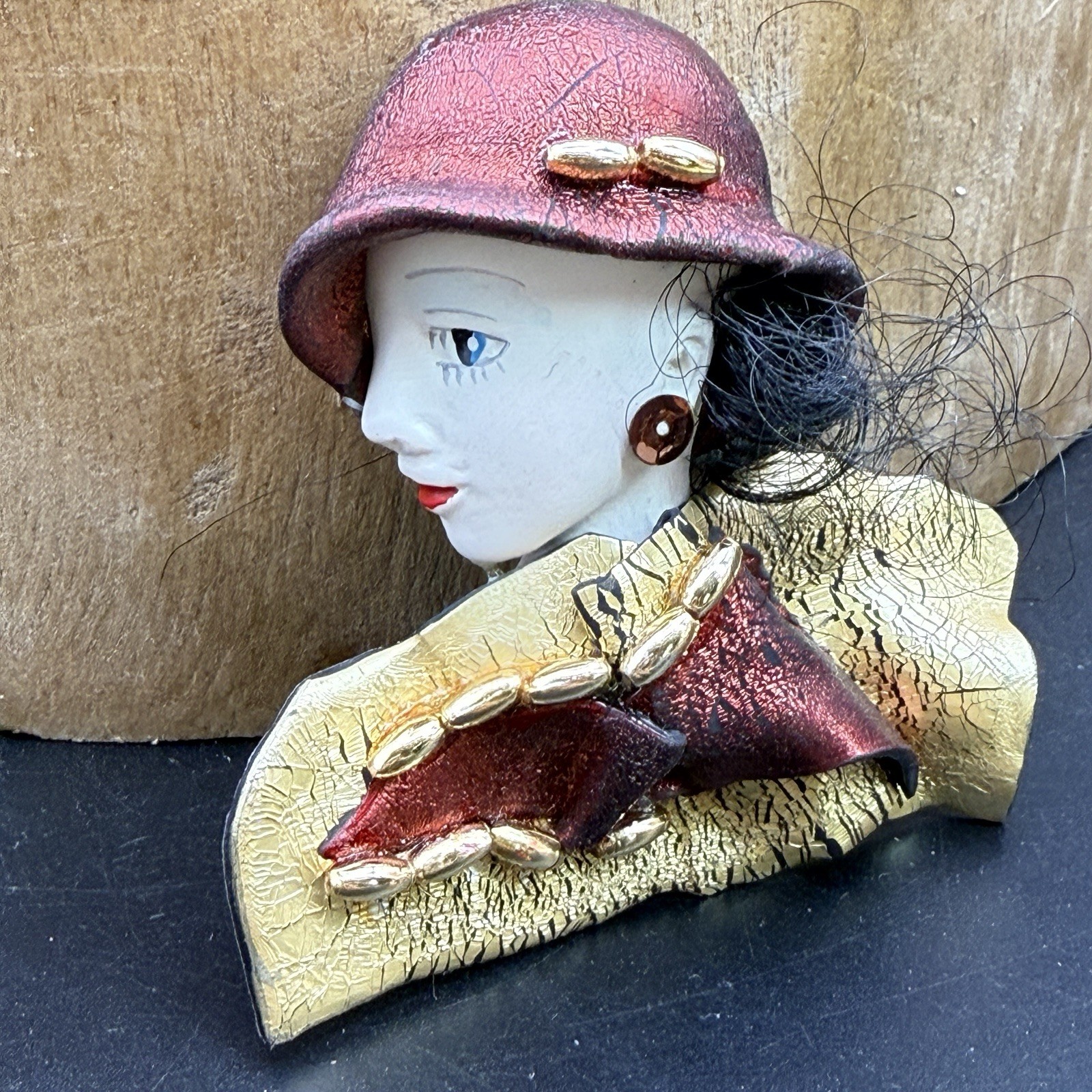 Vintage Lady Face Brooch Red Hat Gold Crackle Resin 1980s Art Deco Style Pin