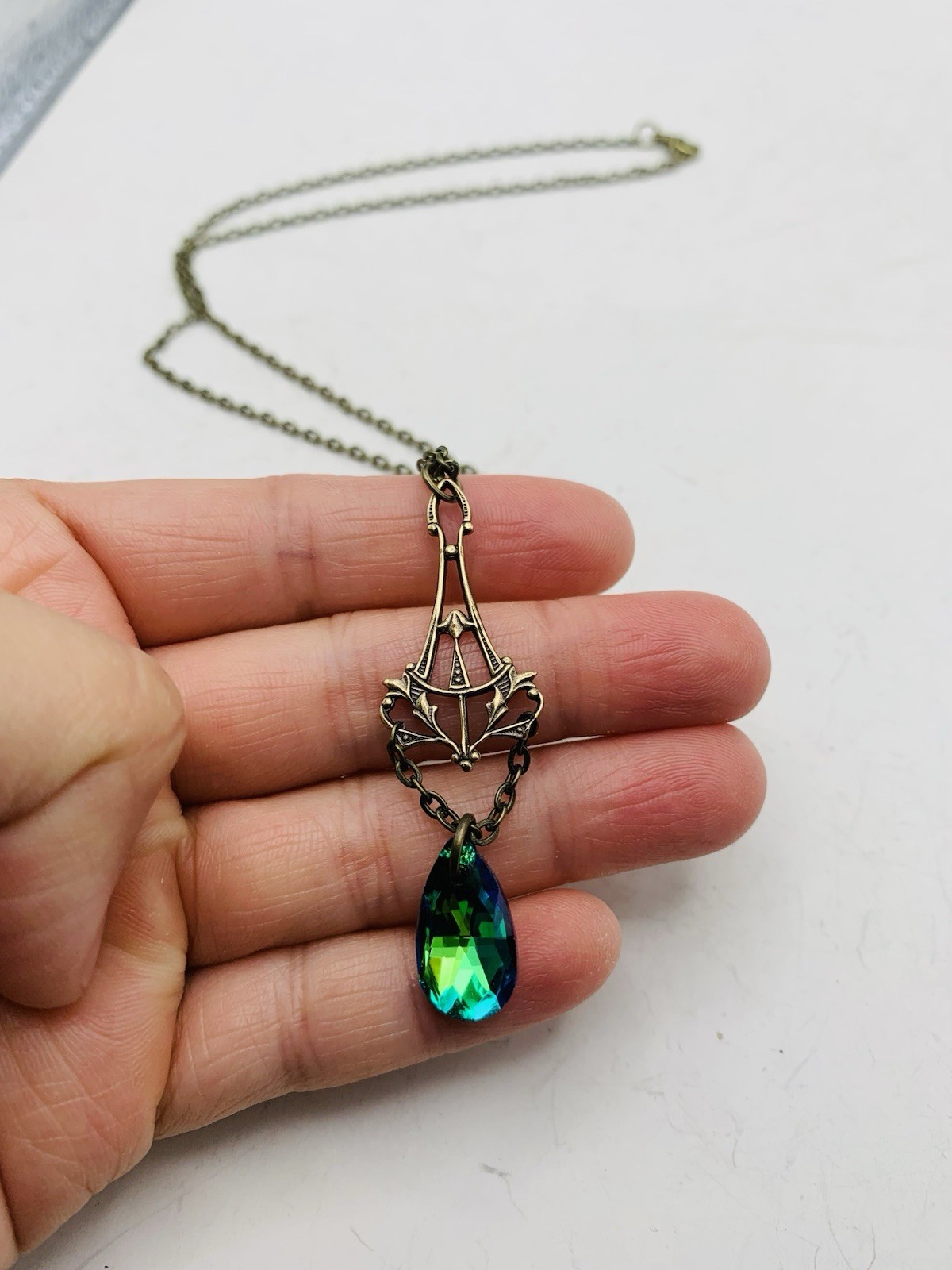 Vintage Style Art Nouveau Bronze Tone Mermaid Blue Teardrop Drop-down Necklace
