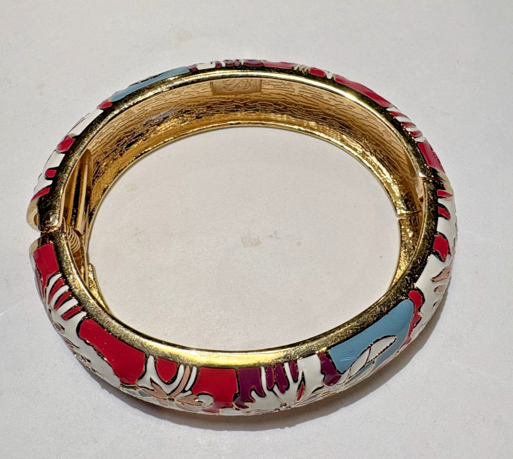 TB Tommy Bahama Pink White Blue Enamel Floral Rhinestones Gold t Bangle Bracelet